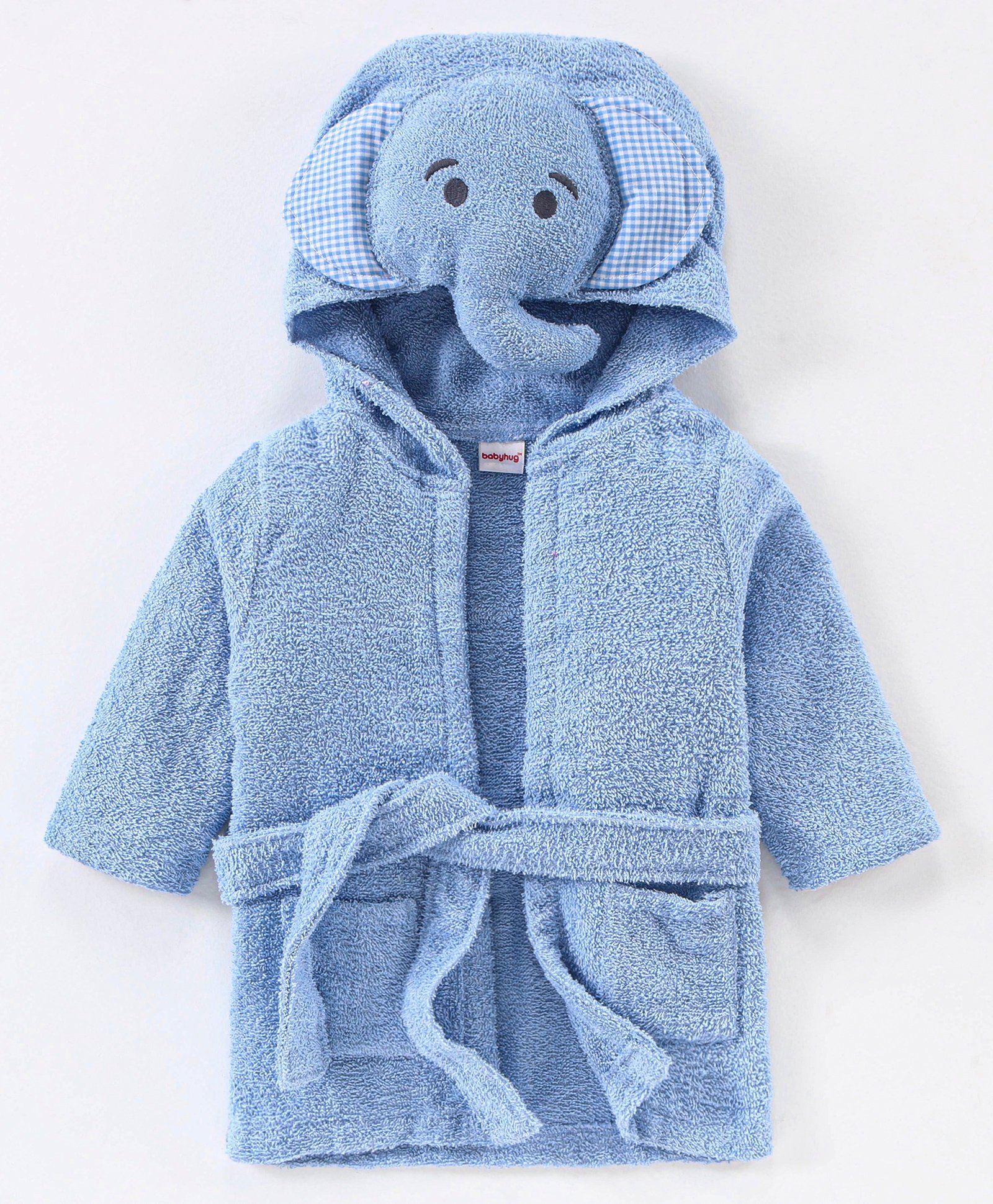 Babyhug Knit Terry Full Sleeves Hooded Bath Robe Elephant Embroidered - Blue-image-41
