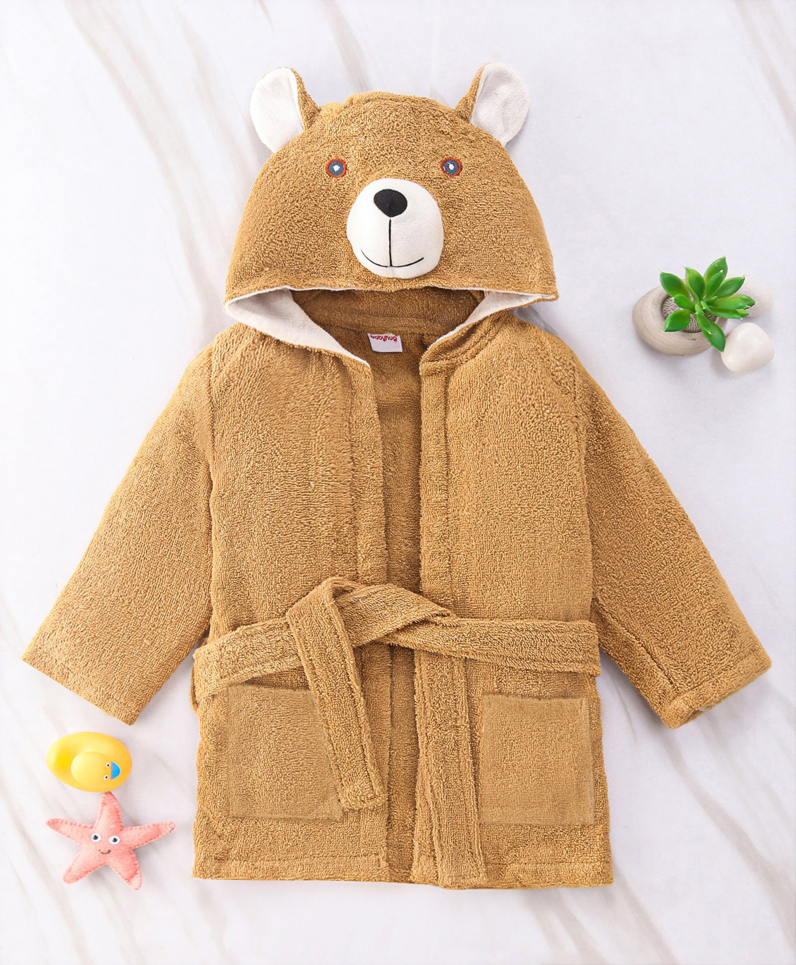 Babyhug Full Sleeves Hooded Bear Bath Robe With 3D Ears - Brown-image-20