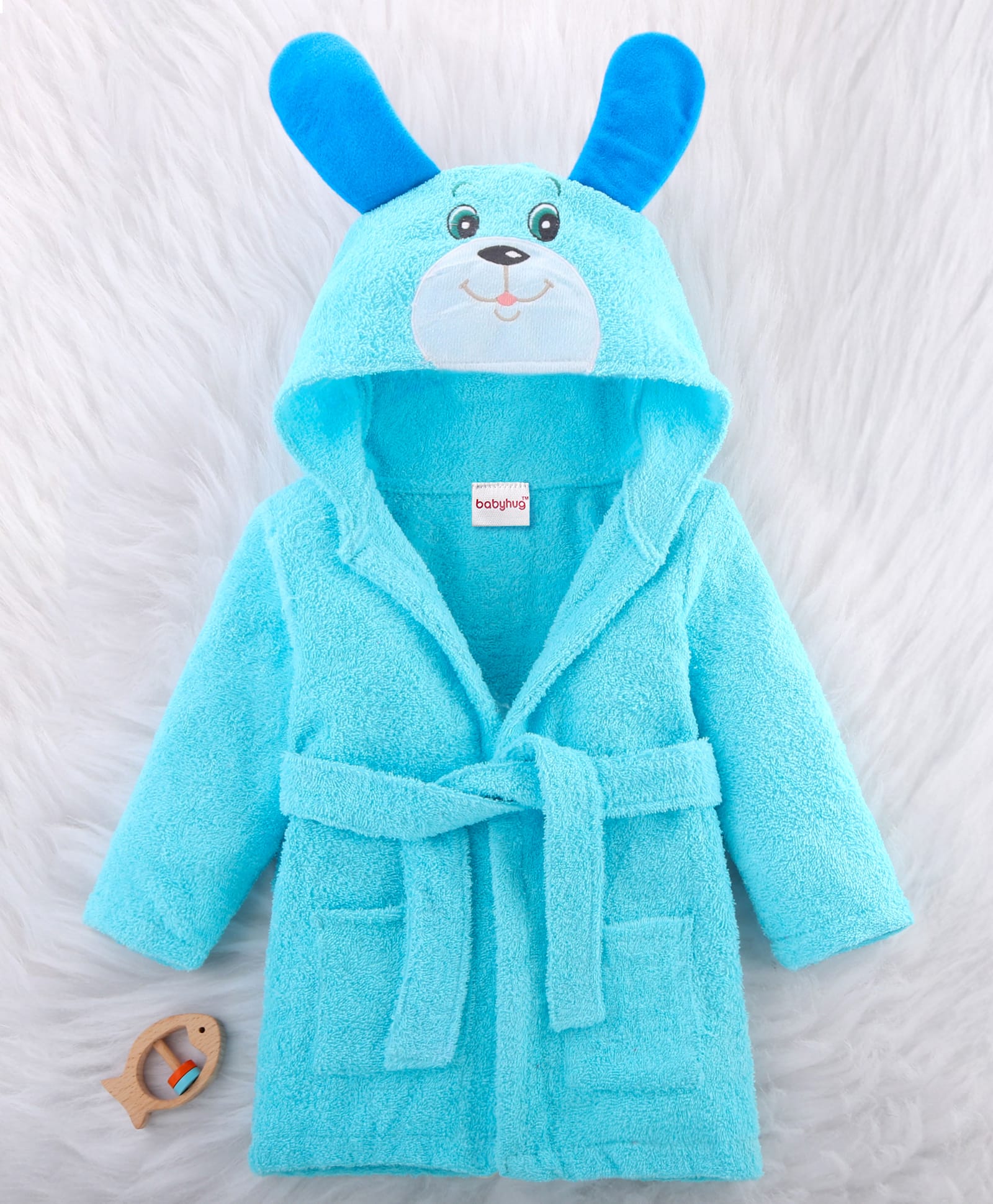 Babyhug  Terry Full Sleeves Hooded Bath Robe Dog  Embroidered - Blue-image-4
