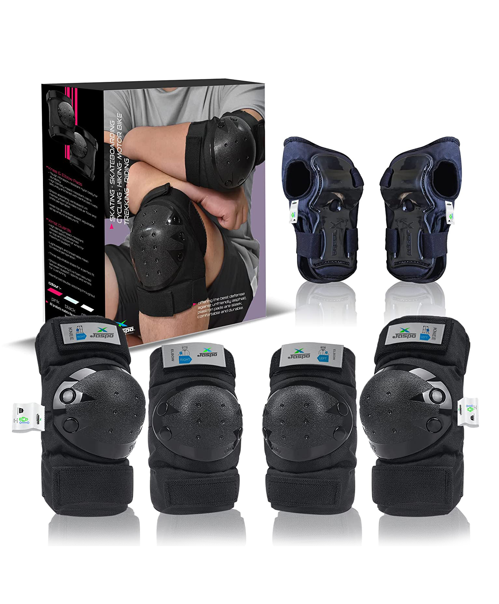 Jaspo Plastron Saver 3 Professional Protective Set Knee Elbow Wrist Guard Multi Purpose Safety Kit for Skateboarding Roller Skating Inline Skating Cycling and Other Sports Large- Black-picture-11