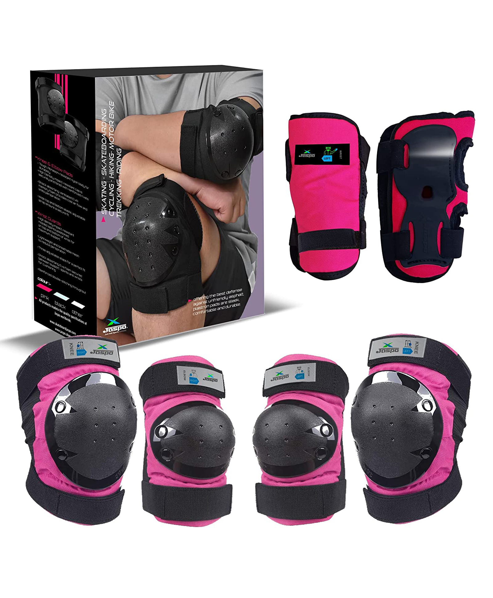 Jaspo Plastron Saver 3 Professional Protective Set Knee Elbow Wrist Guard Multi Purpose Safety Kit for Skateboarding Roller Skating Inline Skating Cycling and Other Sports Small- Pink-image-48