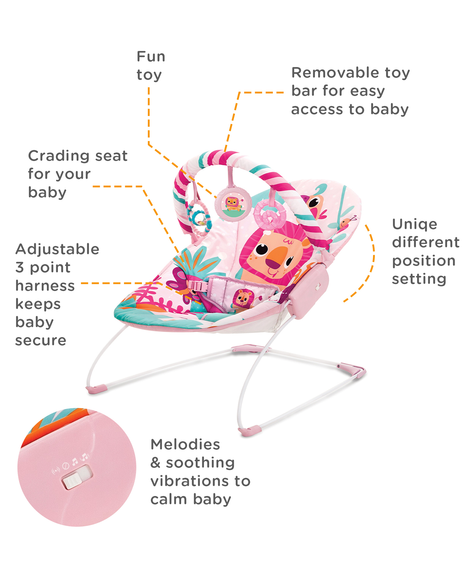 Mastela Musical Bouncer with Toy Bar Animal Print - Pink-picture-5