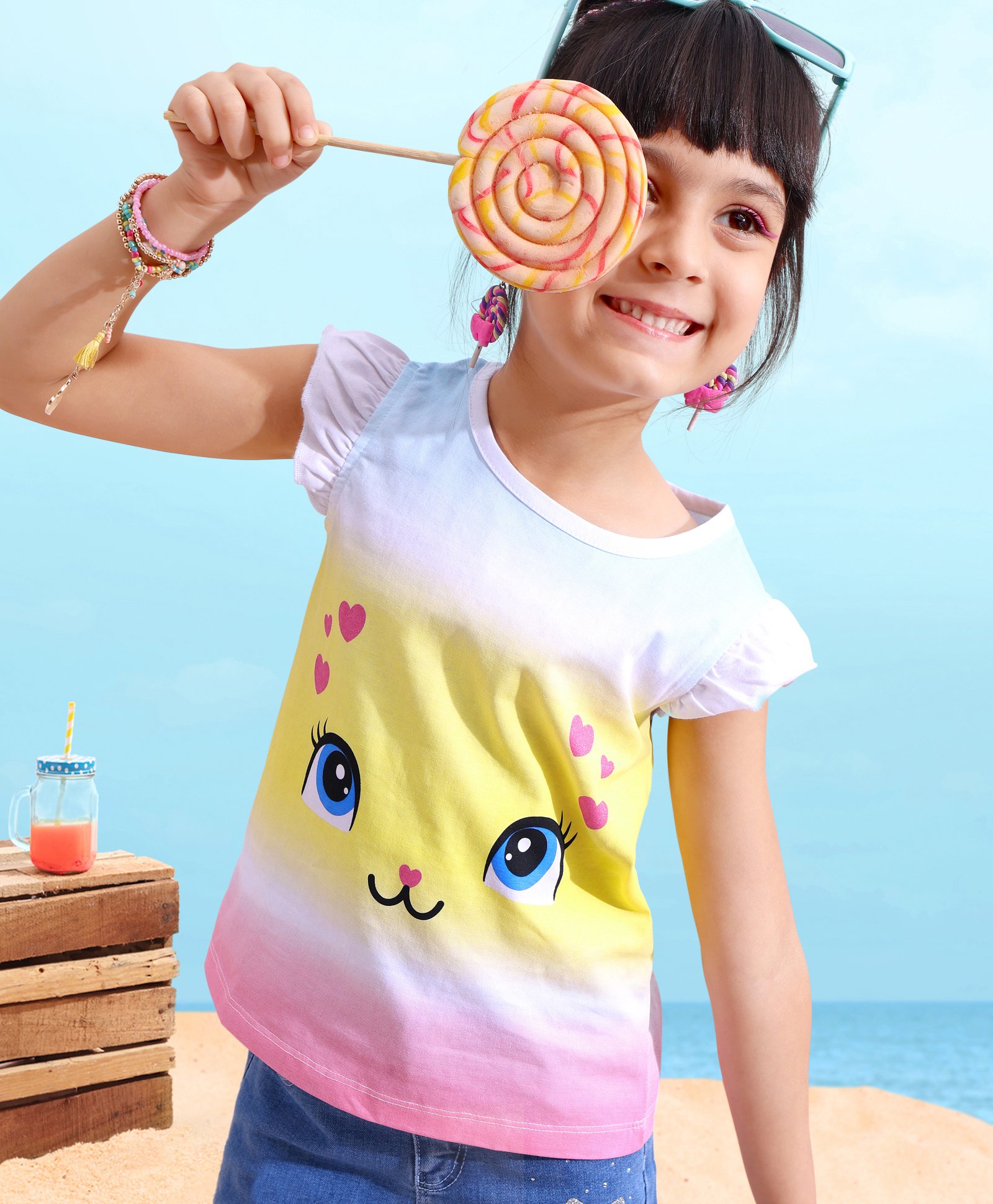 Babyhug 100% Cotton Frill Sleeves Tee With Kitty Graphics & Glitter Detailing- Yellow & Pink-picture-21