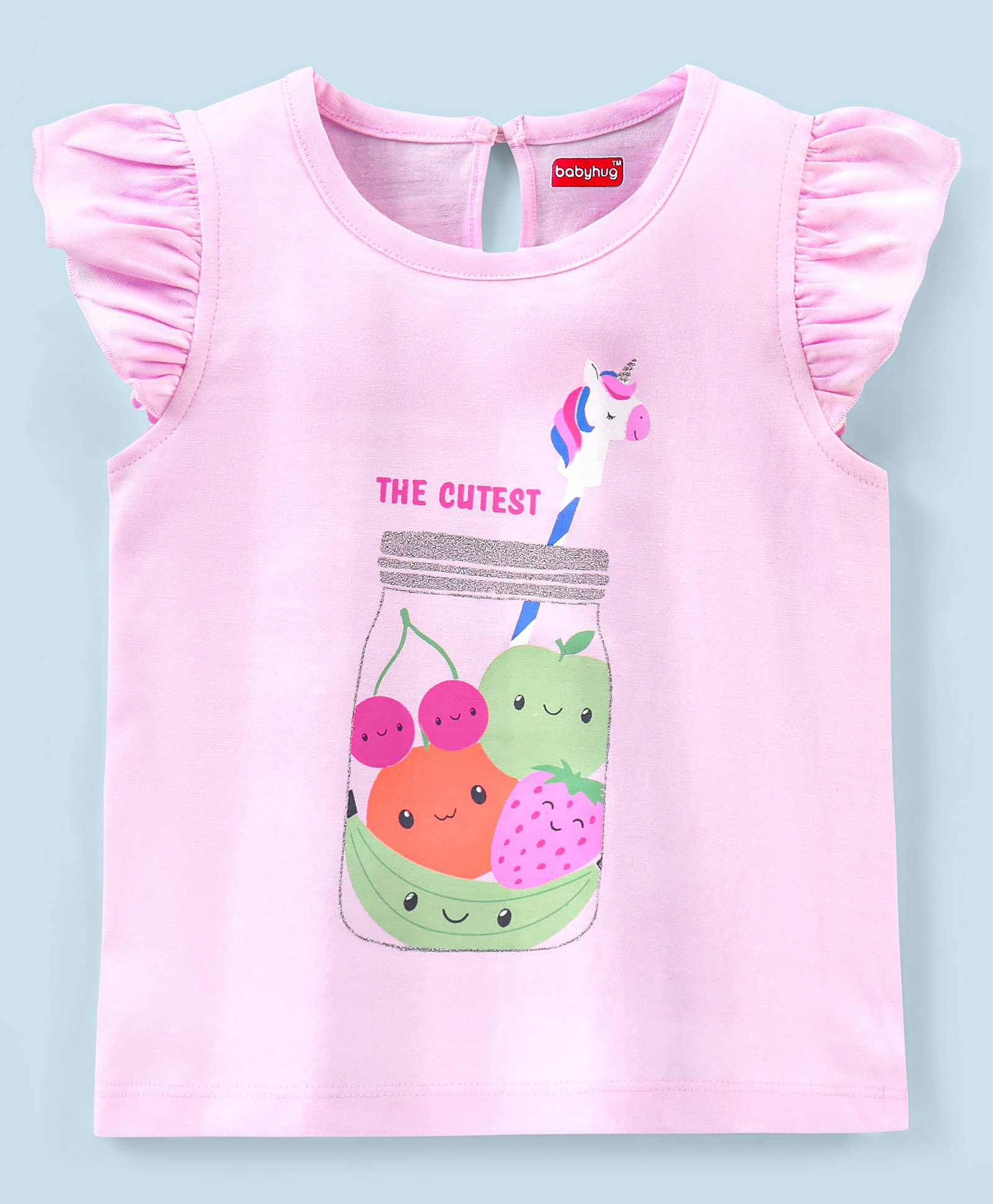 Babyhug 100% Cotton Frill Sleeves Tee With Unicorn & Fruit Jar Graphics- Pink-image-30