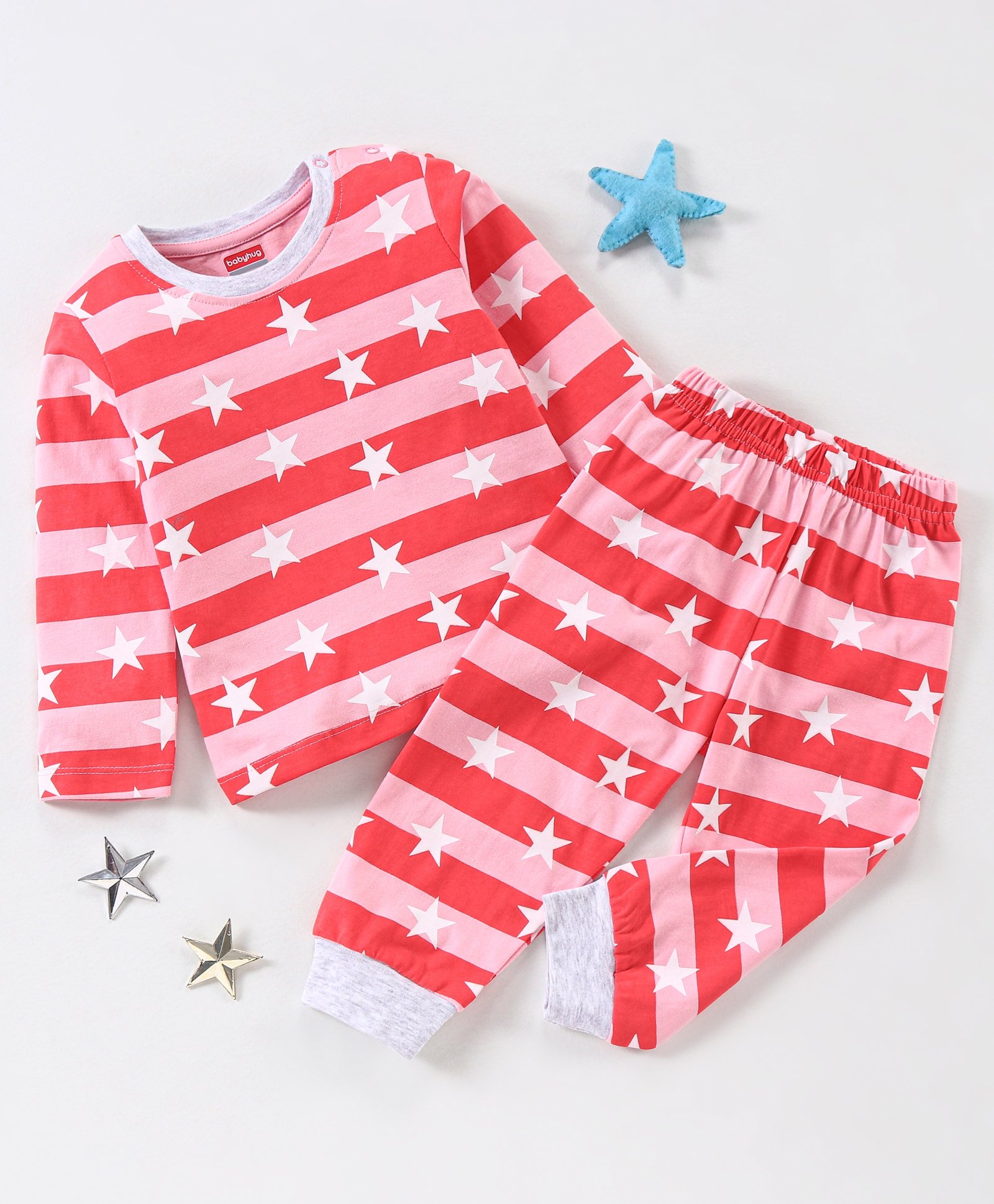 Babyhug Cotton Knit Full Sleeves Night Suit Stripes & Stars Print - Pink-image-20