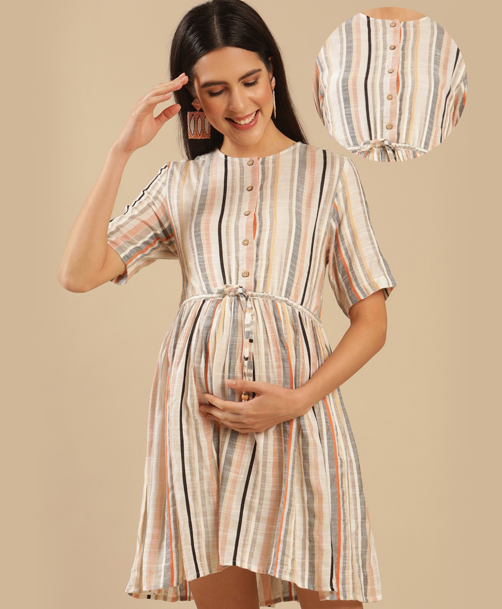 Shades Of Sabi Half Sleeves Multi Striped Maternity Shirt Dress With Drawstring - Beige-picture-15