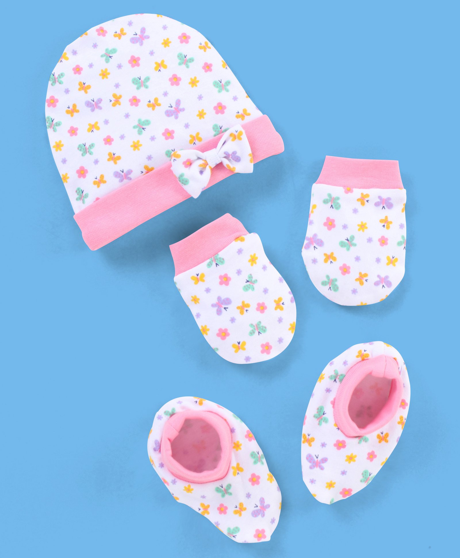 Babyhug 100% Cotton Butterfly Printed Cap Mittens & Booties Pink -  Diameter 10.5 cm-image-18