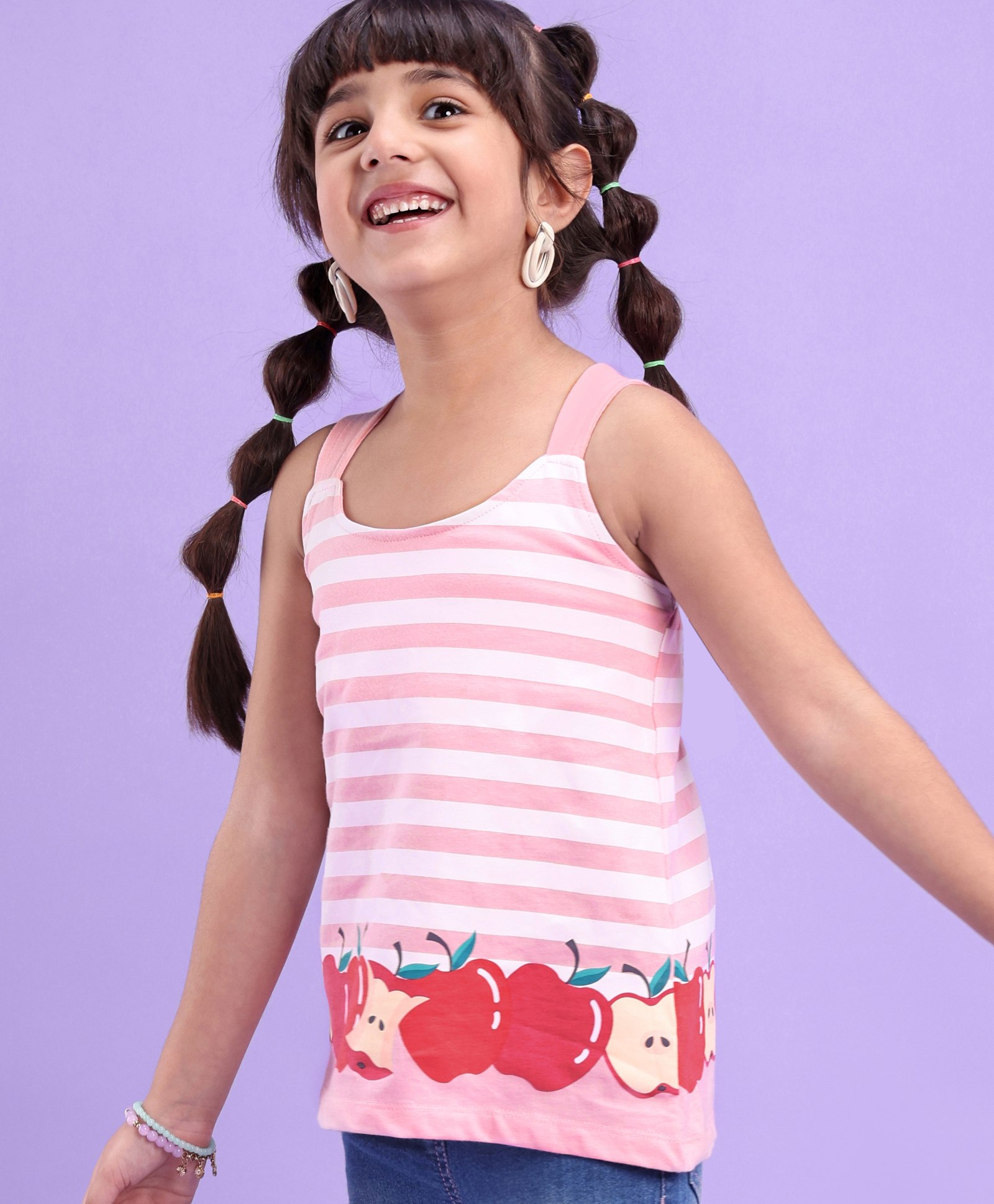 Babyhug 100% Cotton Sleeveless Tee Striped With Apple Print - Pink-image-42