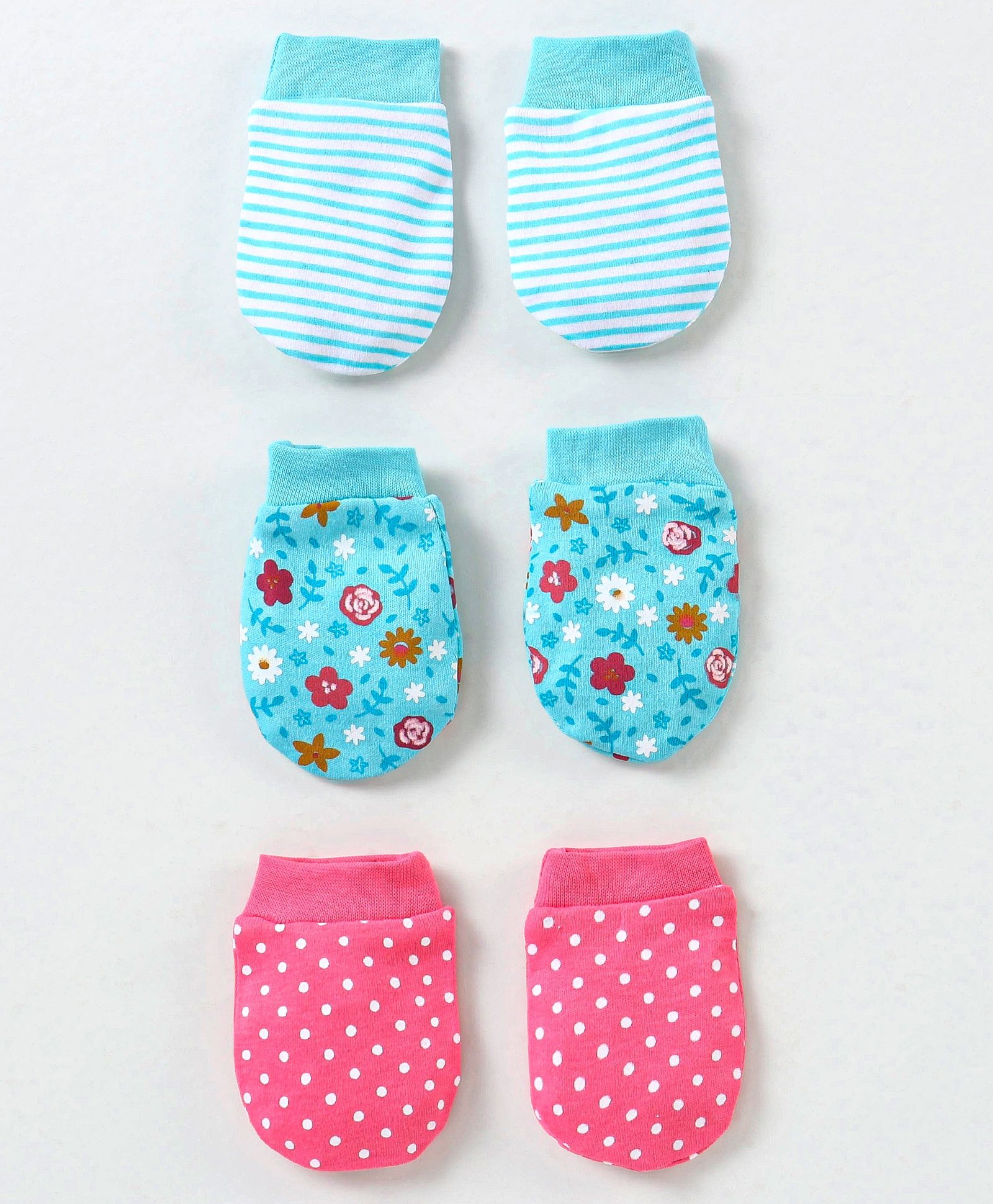 Babyhug 100% Cotton Mittens Floral Print Pack of 3 - Pink & Blue-image-18