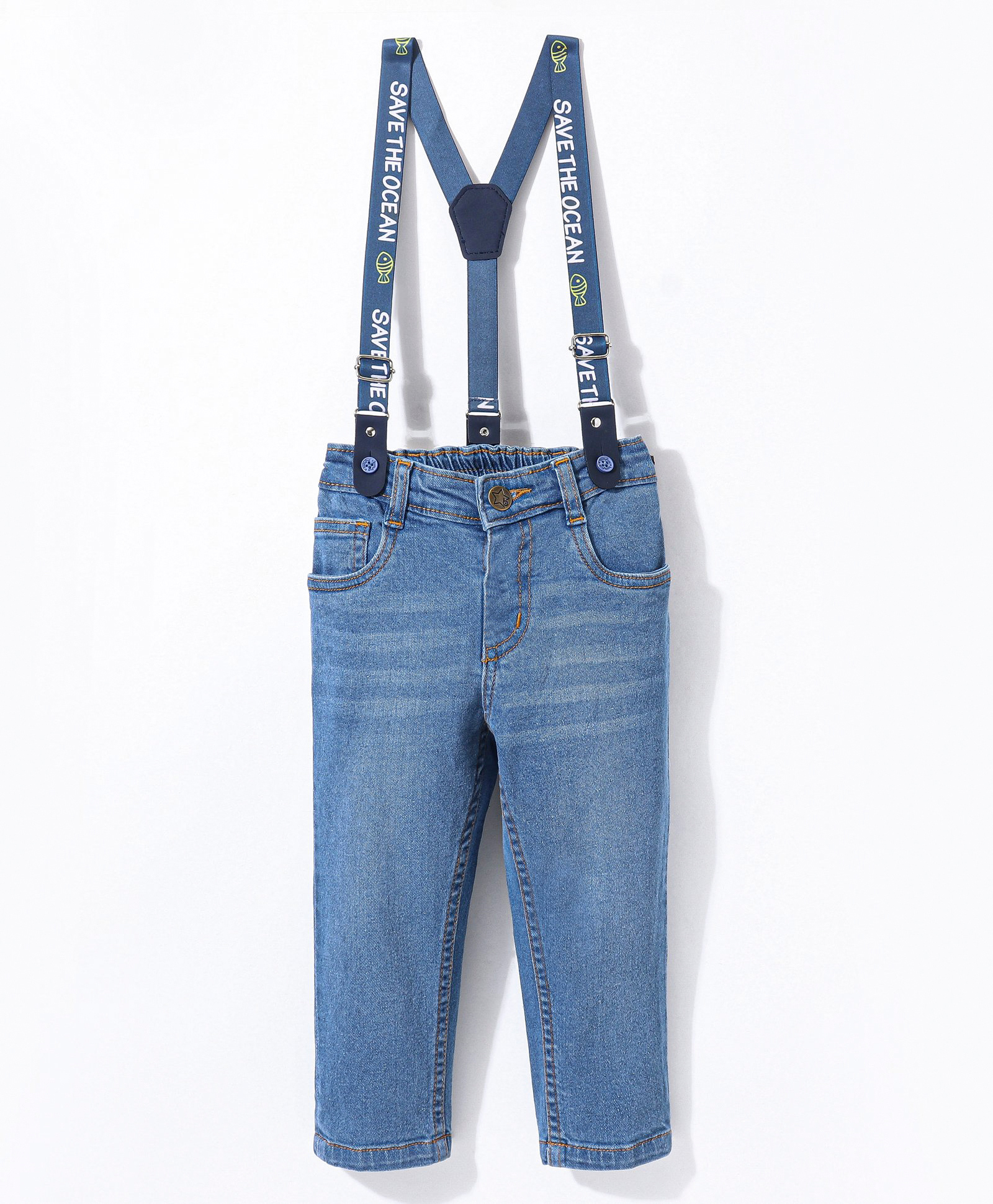 Buy Babyhug Cotton Full Length Stretchable Denim Jeans with Suspenders ...