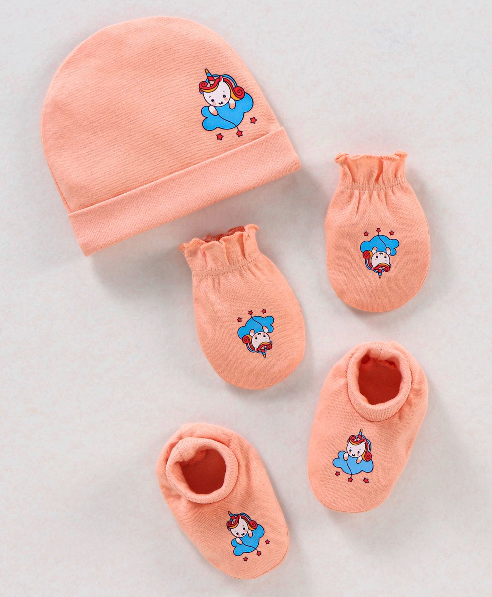 Babyhug 100% Cotton Cap Mittens & Booties Unicorn Print Peach- Diameter 10.5 cm-image-41