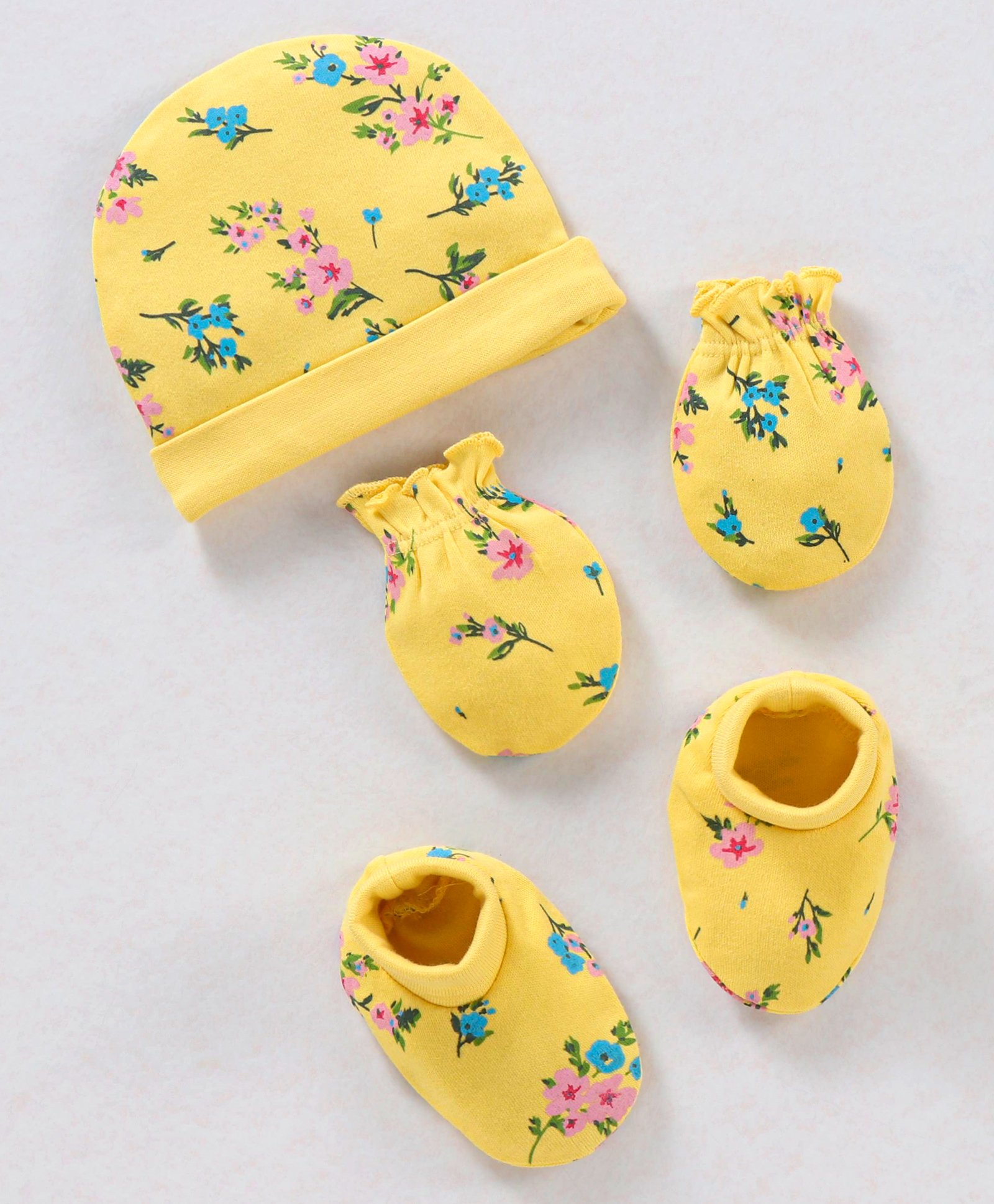 Babyhug 100% Cotton Cap Mittens And Booties Floral Print Yellow - Diameter 10.5 cm-image-29