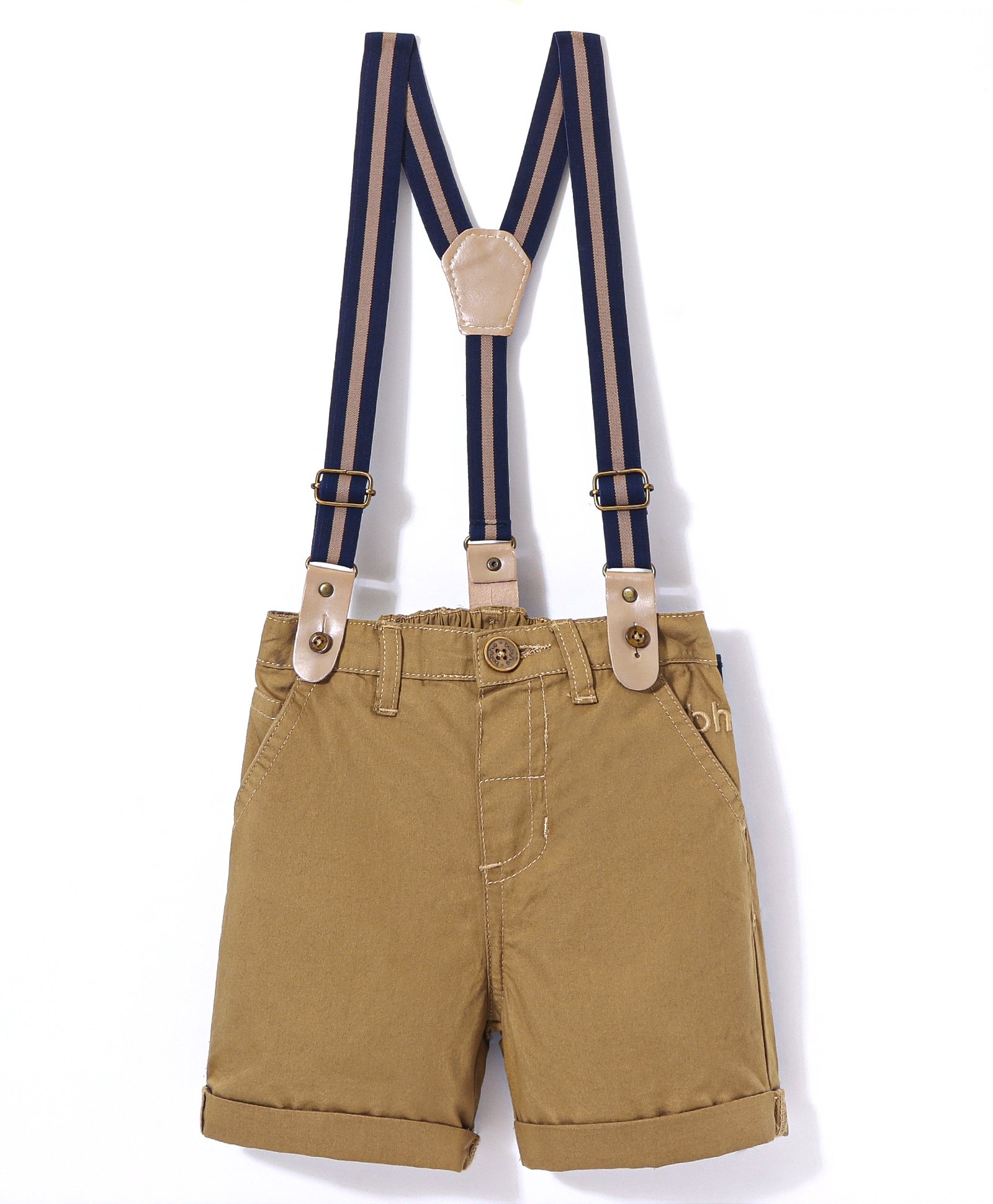 Babyhug 100% Cotton Woven Knee Length Solid Shorts with Suspenders - Khaki-picture-12