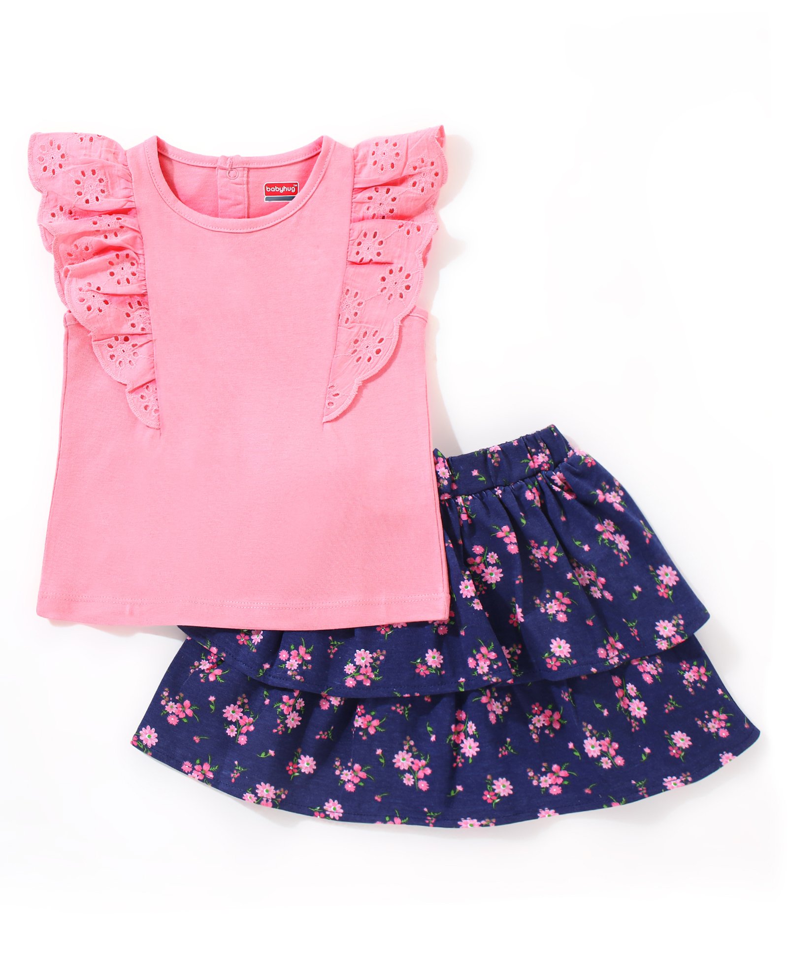 Babyhug 100% Cotton Half Sleeves Top & Skirt Floral Print - Pink & Navy-image-32