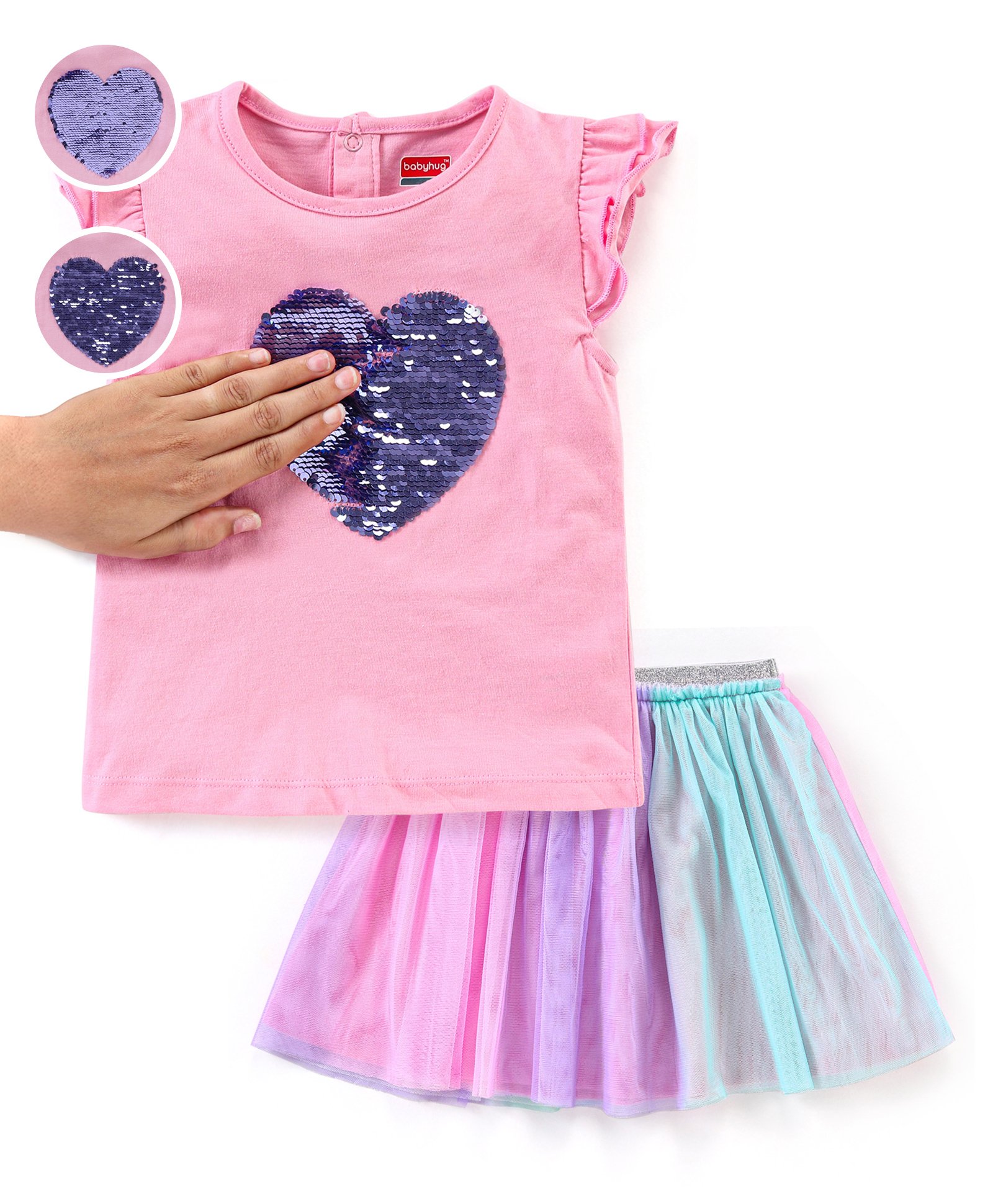 Babyhug 100% Cotton Frill Sleeves Sequins Detailing Top & Skirt - Pink-picture-21