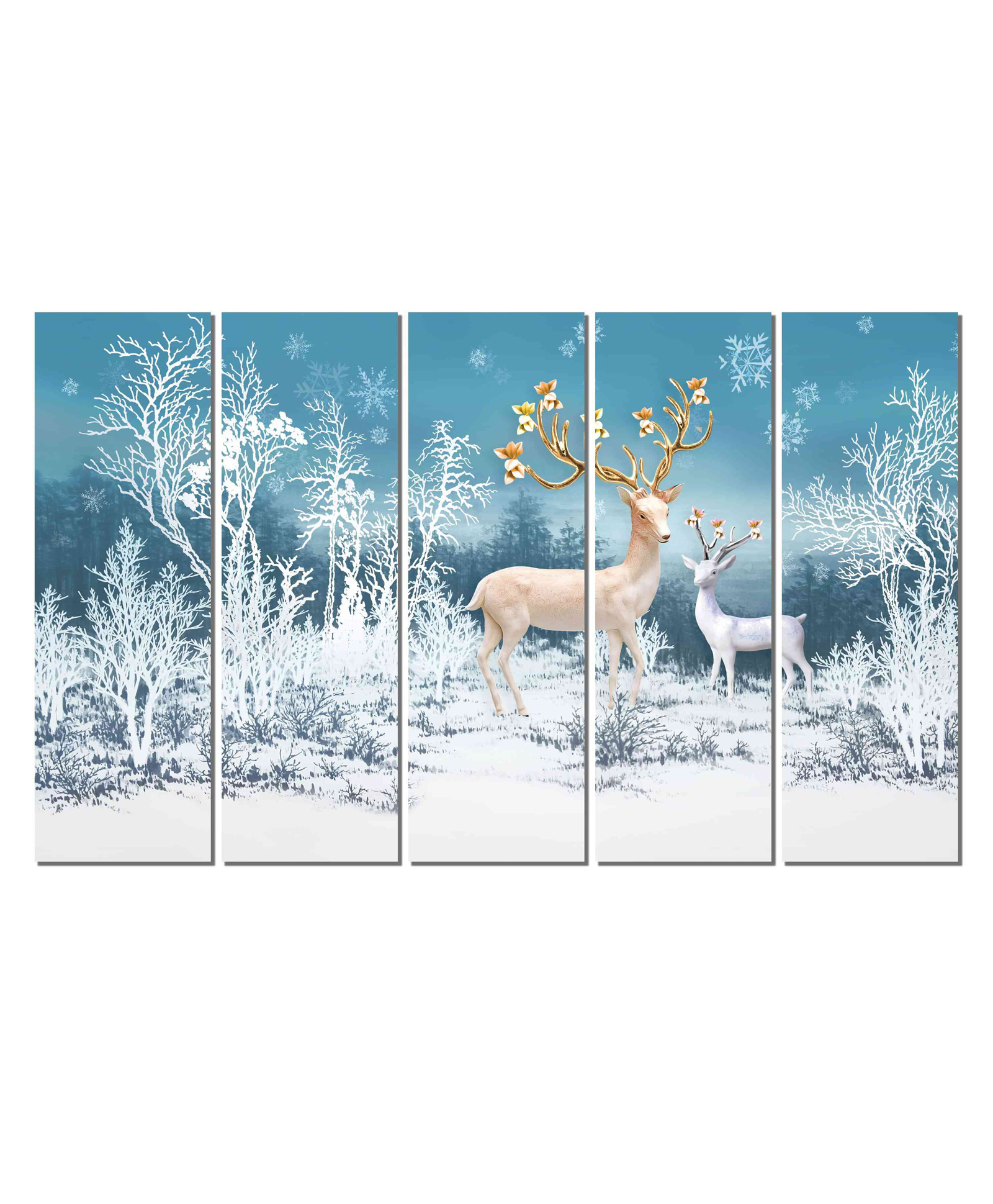 WENS Reindeer Family in Forest 5 Pieces Laminated Wall Art Panels - Multicolor-image-9