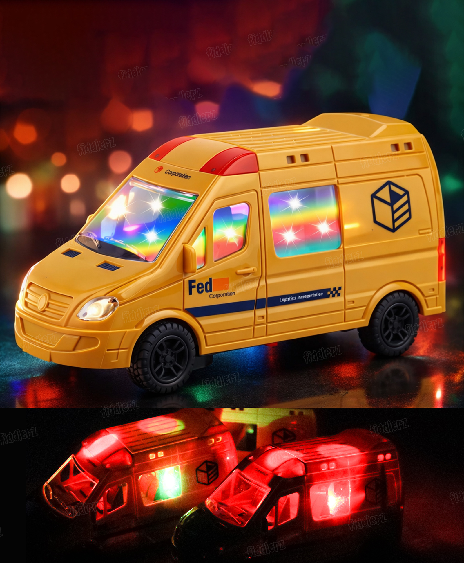 Fiddlerz Bump and Go Toy for Kids Logistic Van with Flashing Lights and Realistic Sounds with Sirens & Universal Wheel Pack of 1 ( Colour may Vary)-picture-11