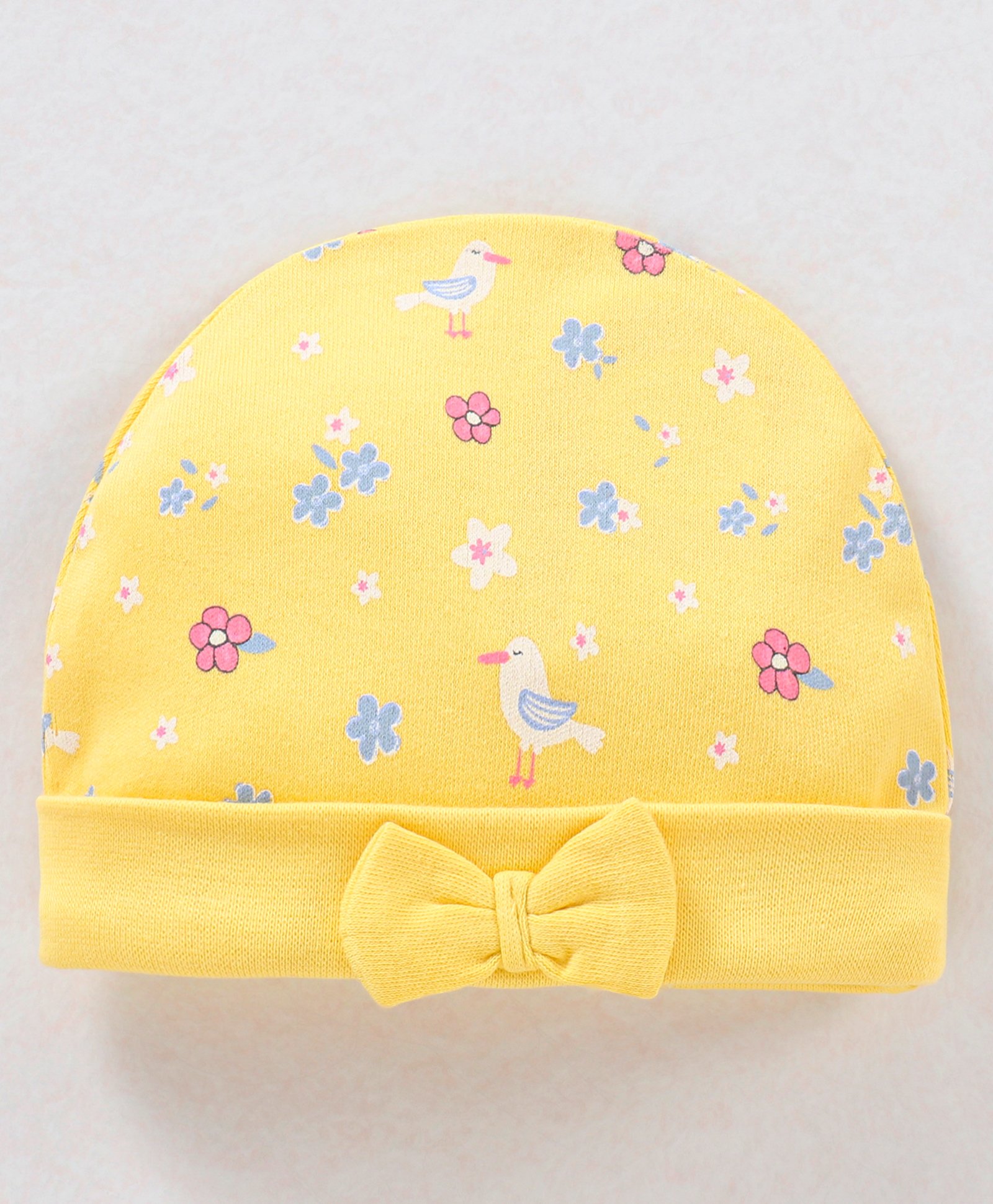 Babyhug 100% Cotton Knit Cap with Floral Print & Bow Applique - Yellow-image-43