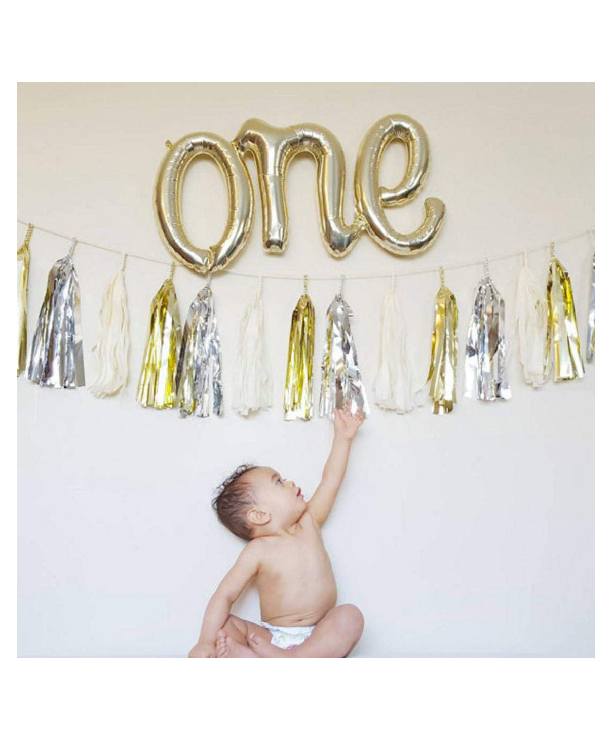 AMFIN One Letter Foil Balloon Combo with Party Decorative Tassels Garland First Birthday Decorations Pack of 4 - Golden Silver & White-image-35
