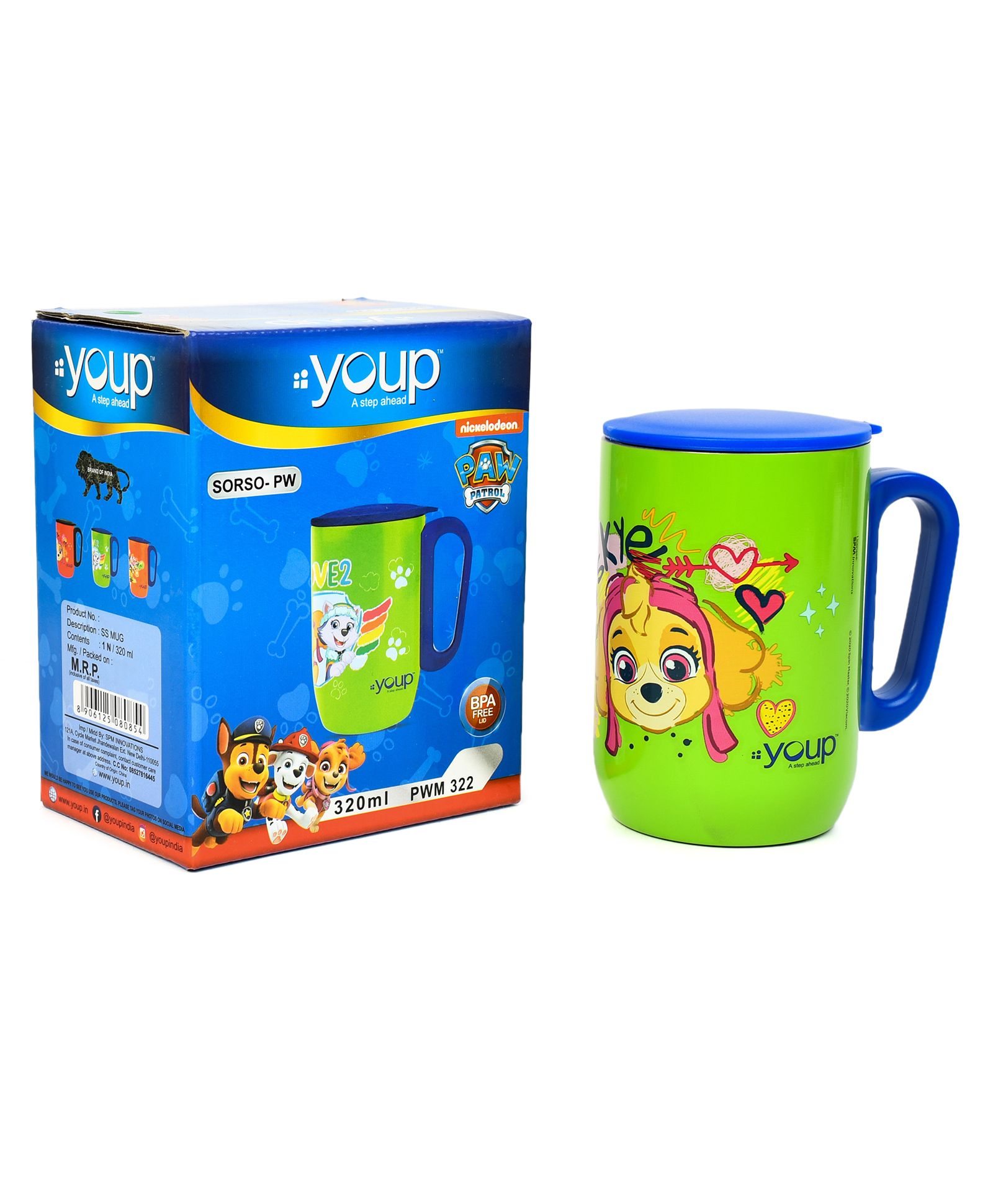 Youp Stainless Steel Green Color Paw Patrol Skye Insulated Mug with Cap - 320 ml-picture-5