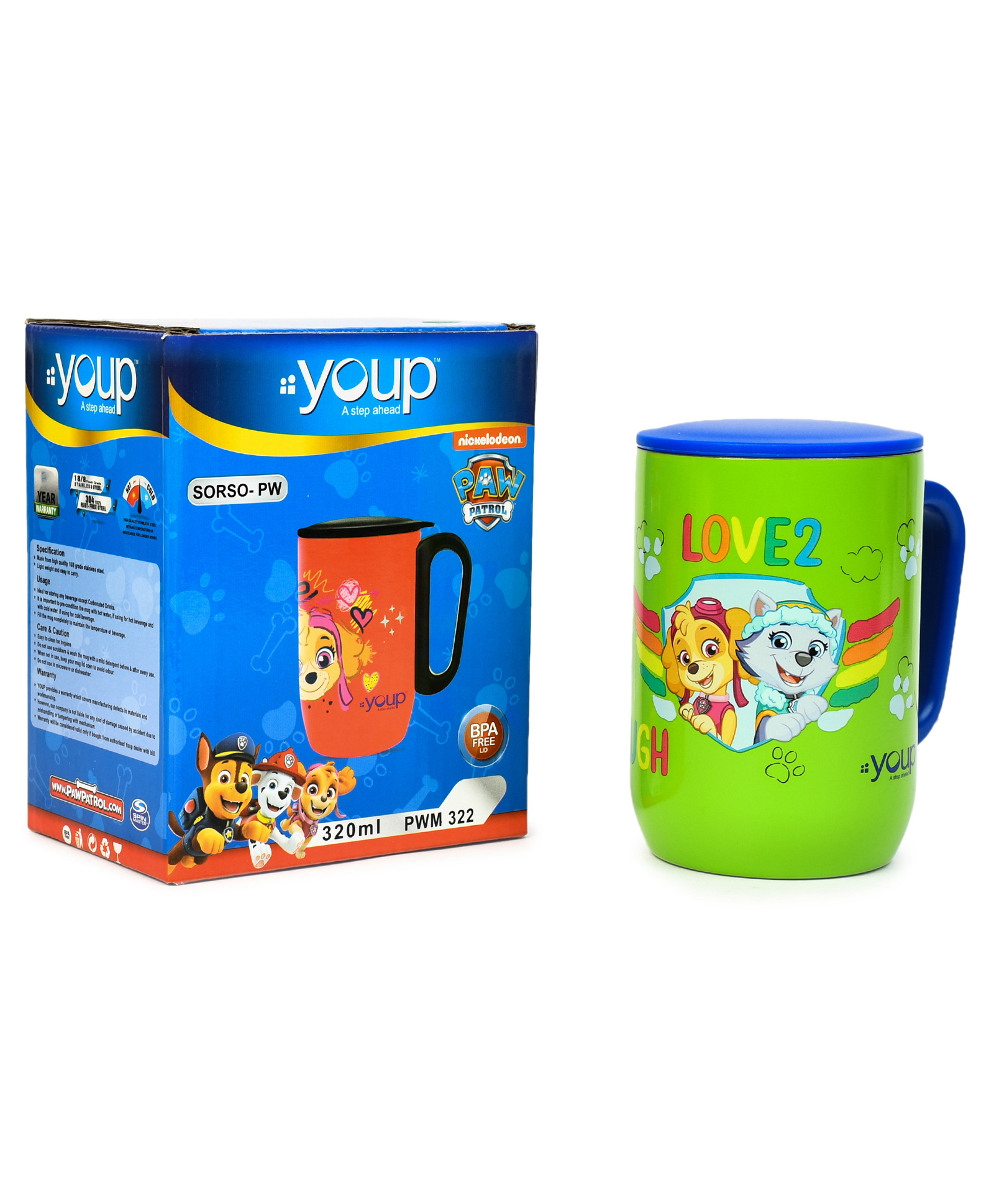 Youp Stainless Steel Green Color Paw Patrol Love 2 Laugh Insulated Mug with Cap - 320 ml-picture-12