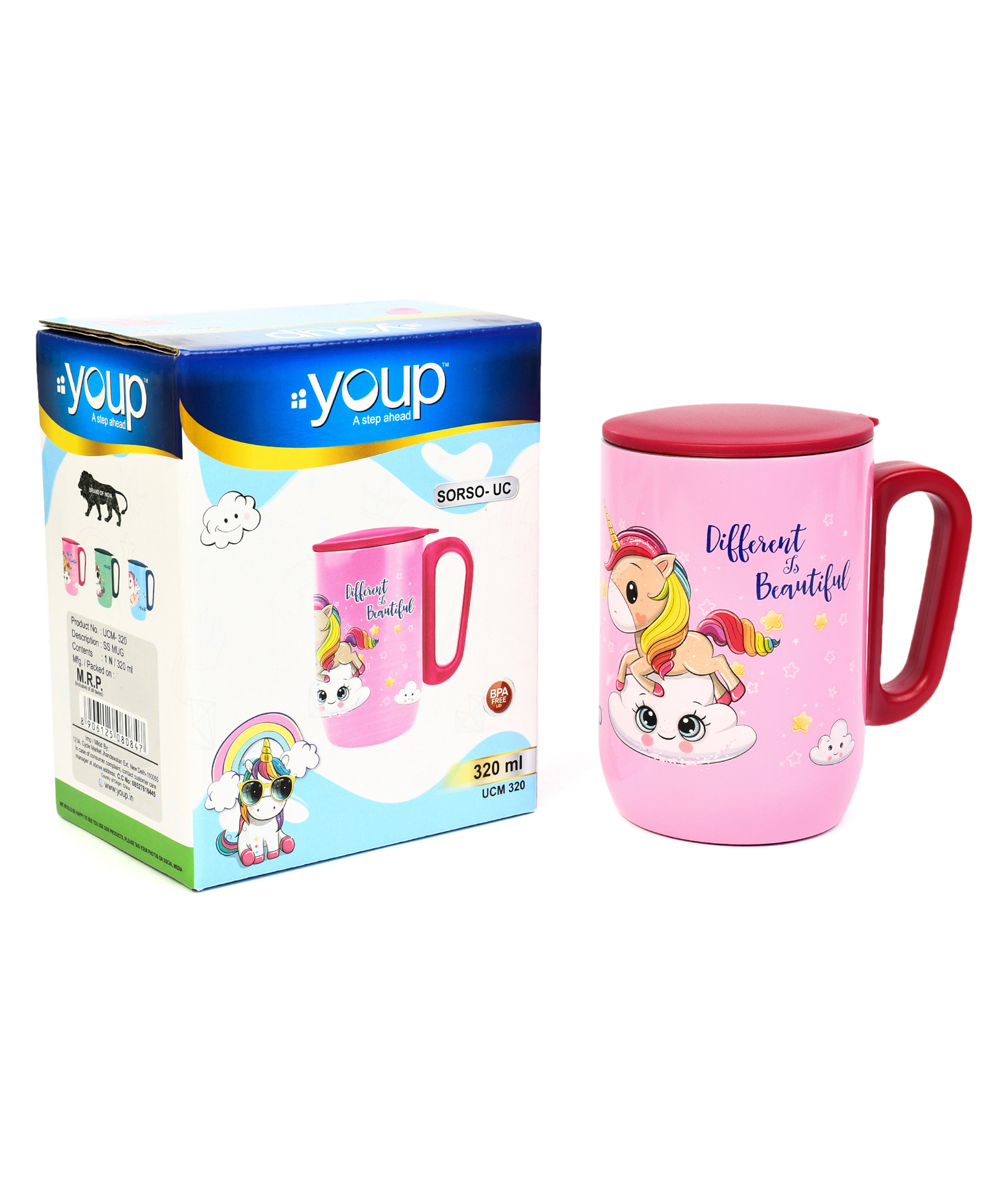 Youp Stainless Steel Pink Color Unicorn Different is Beautiful Insulated Mug with Cap - 320 ml-picture-30