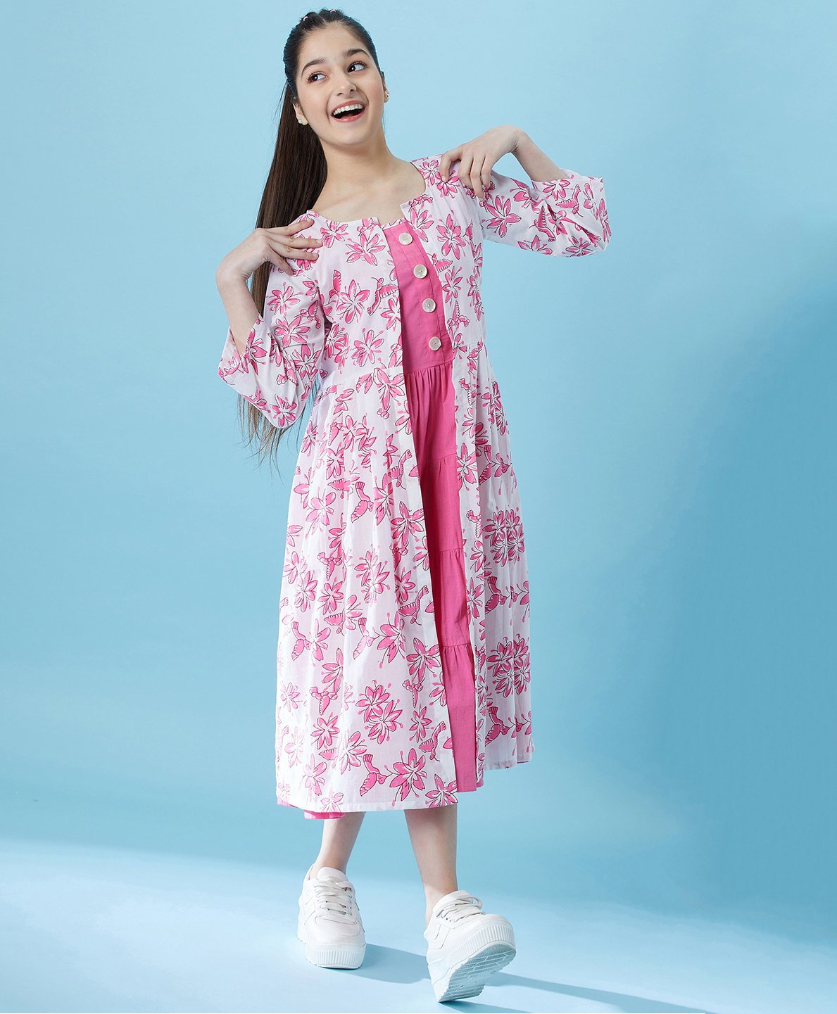 Pspeaches Sleeveless Solid Dress With Three Fourth Sleeves Floral Printed Long Shrug - Pink-image-2