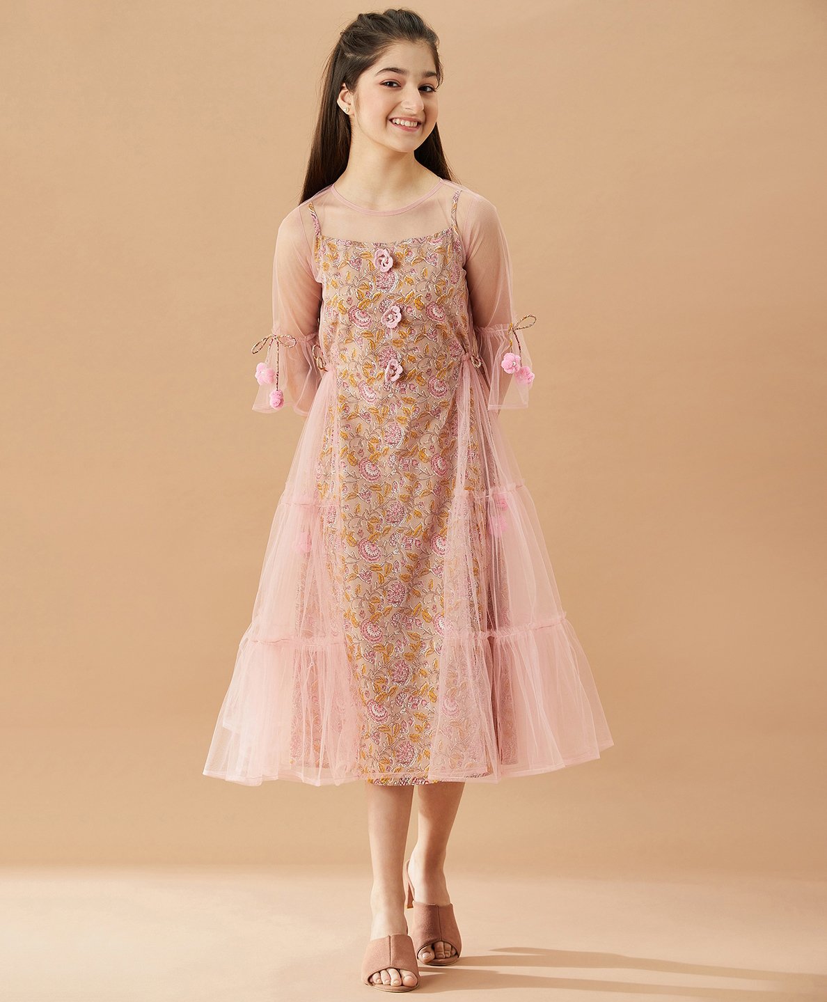 Pspeaches Three Fourth Sleeves Floral Printed Crochet FlowersEmbellished Net Overlayed Party Dress - Pink-image-48