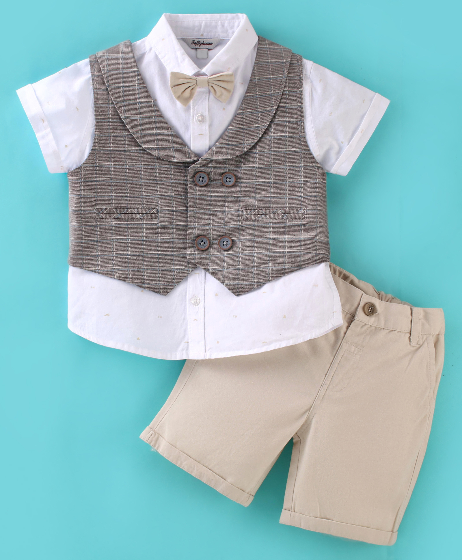 ToffyHouse 100% Cotton Half Sleeves Party Suit Checks Print - White & Grey-picture-22