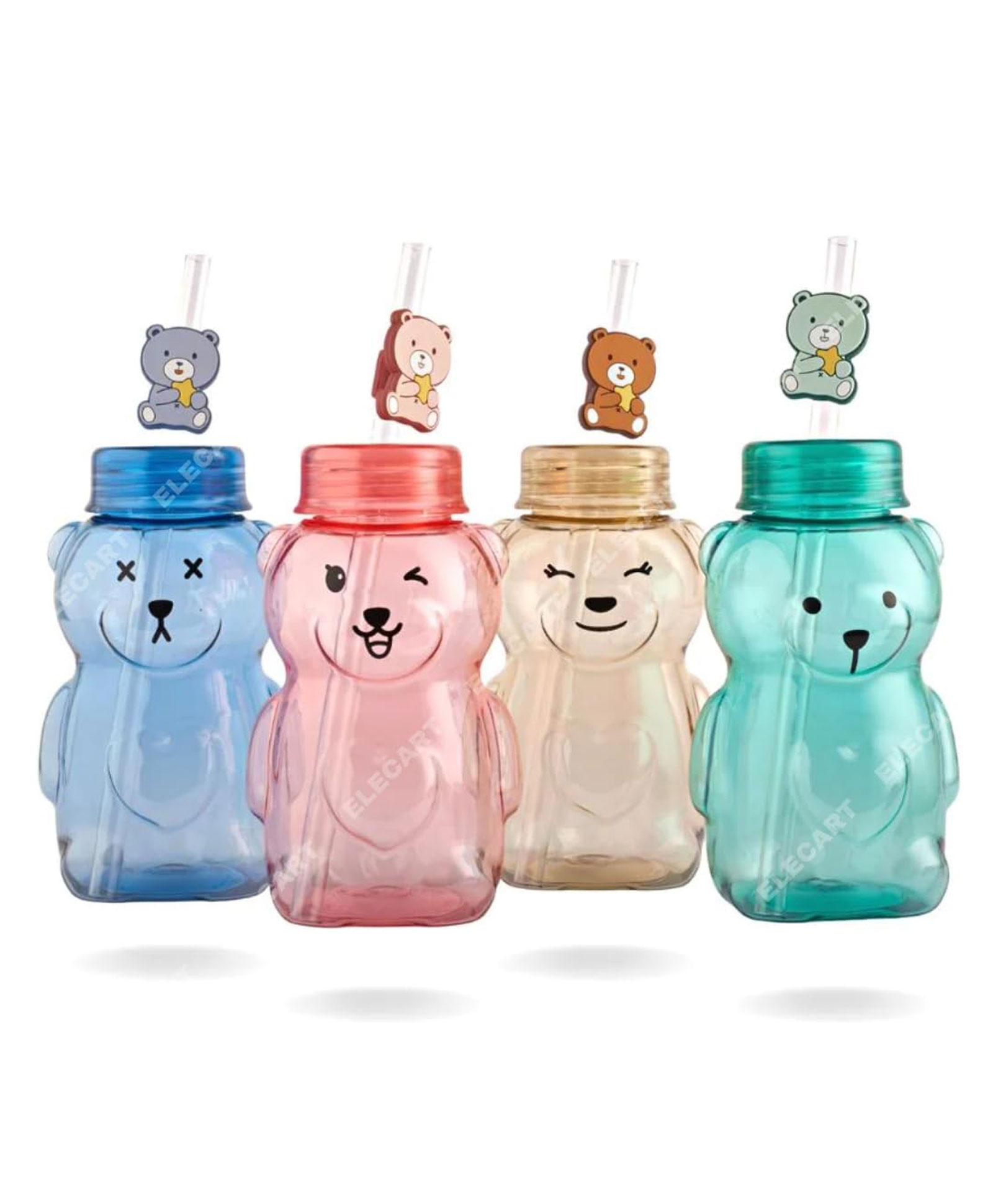 Elecart Cute Teddy Shaped Water Bottle with Straw - 430 ml (Color May Vary)-image-2