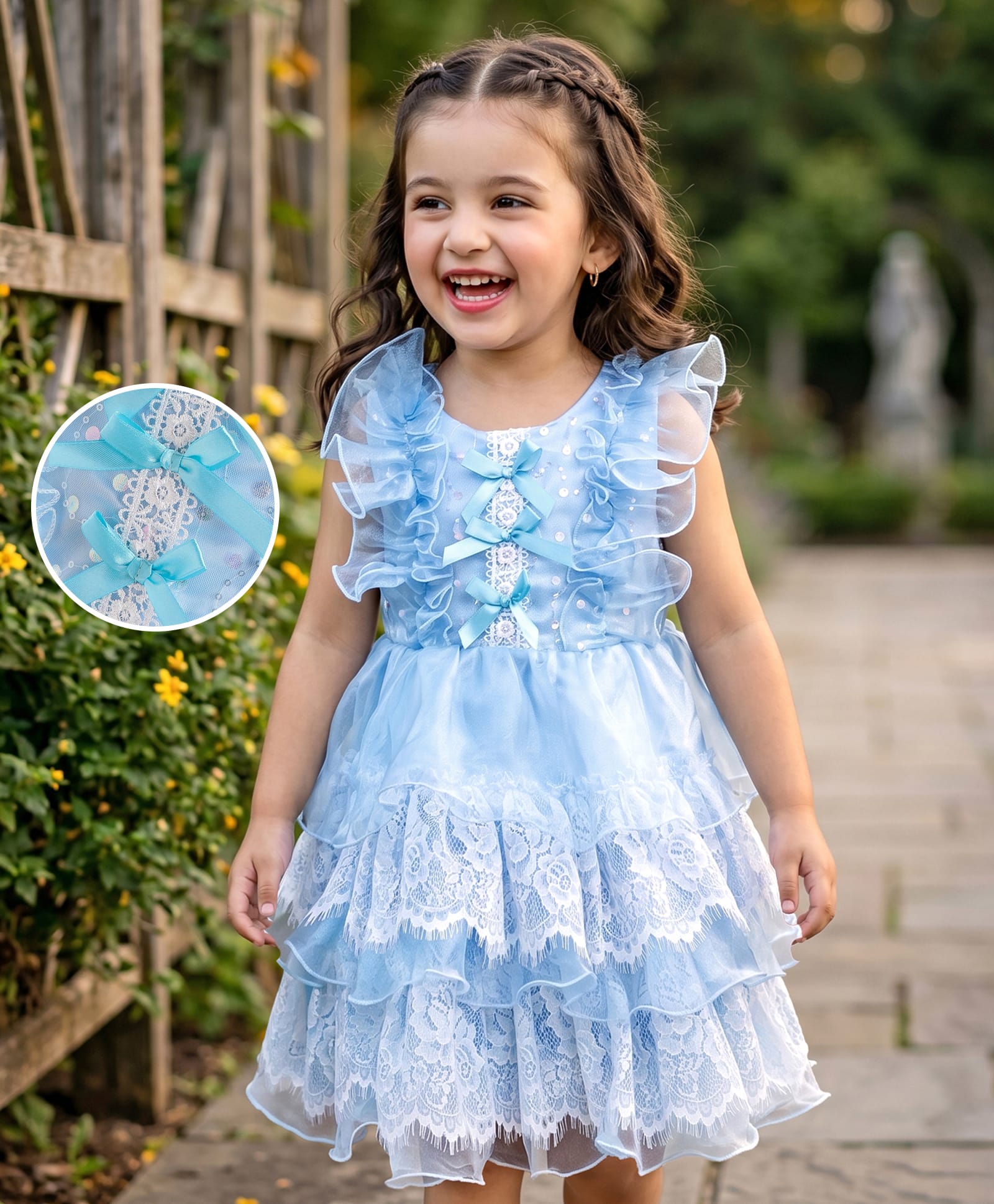Mark & Mia Frill Sleeves Knee Length Embroidered Party Frock - Blue-image-48