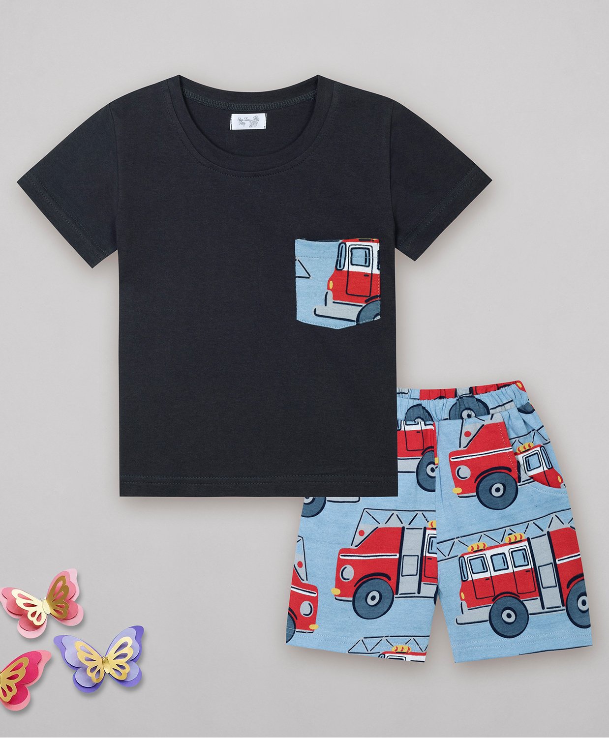 Sheer Love Half Sleeves Pocket Detailed Vehicle Printed Tee & Shorts Set - Navy Blue-image-5