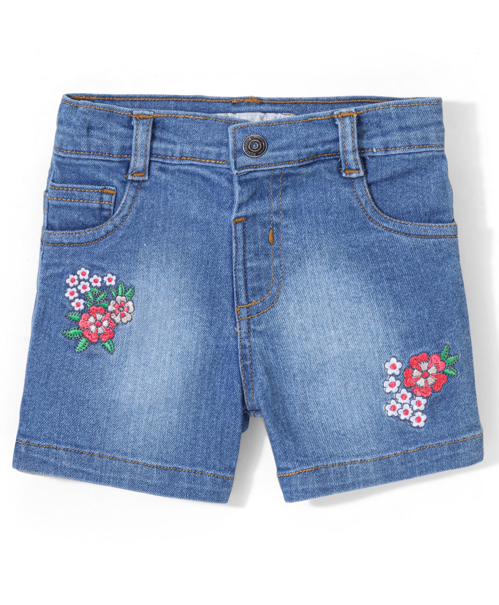ToffyHouse Cotton Denim Mid Thigh Length Stretchable Shorts Floral Embroidery- Blue-image-9