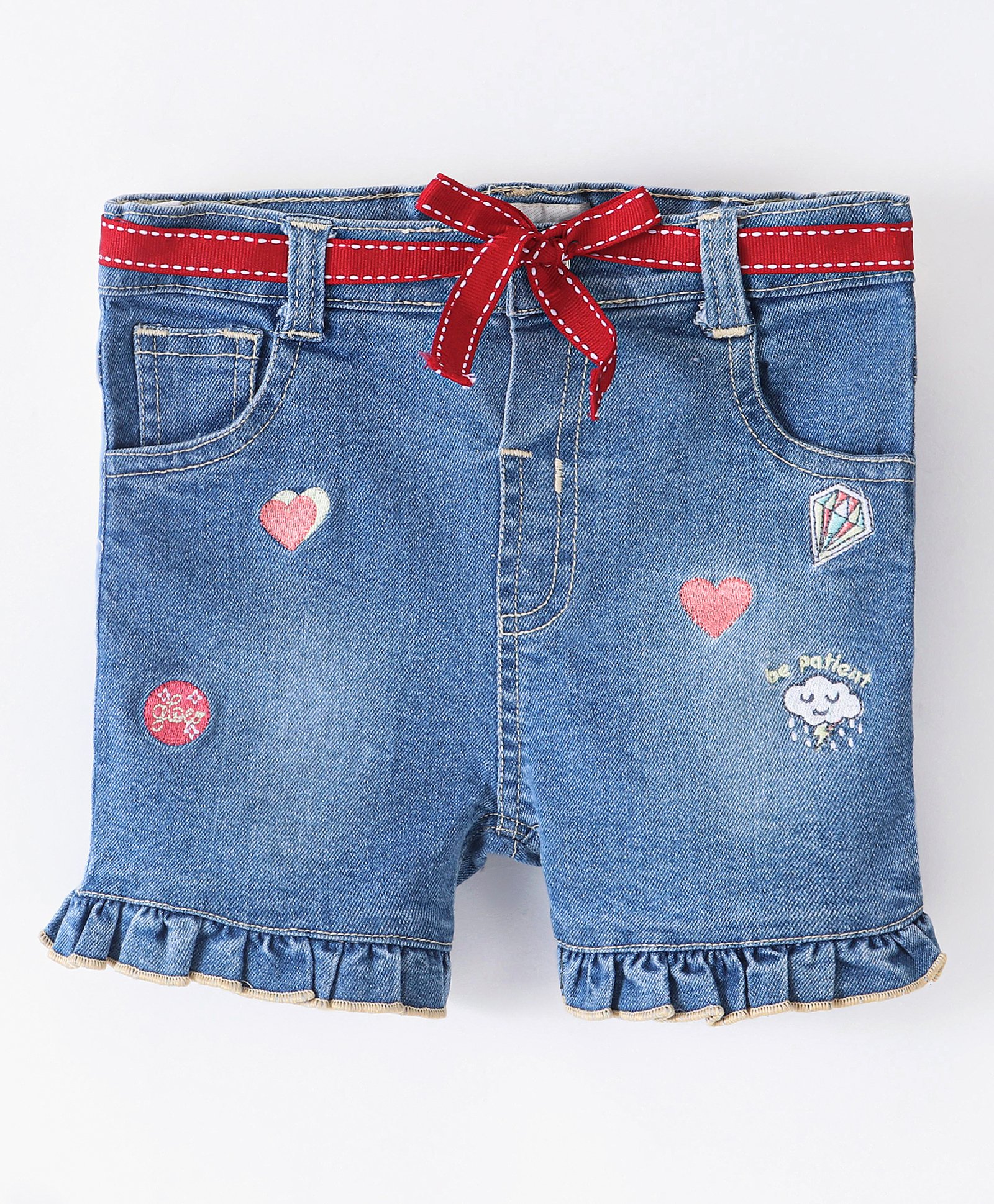 ToffyHouse Cotton Denim Mid Thigh Length Washed Stretchable Shorts with Belt Heart Embroidery - Medium Blue-image-11