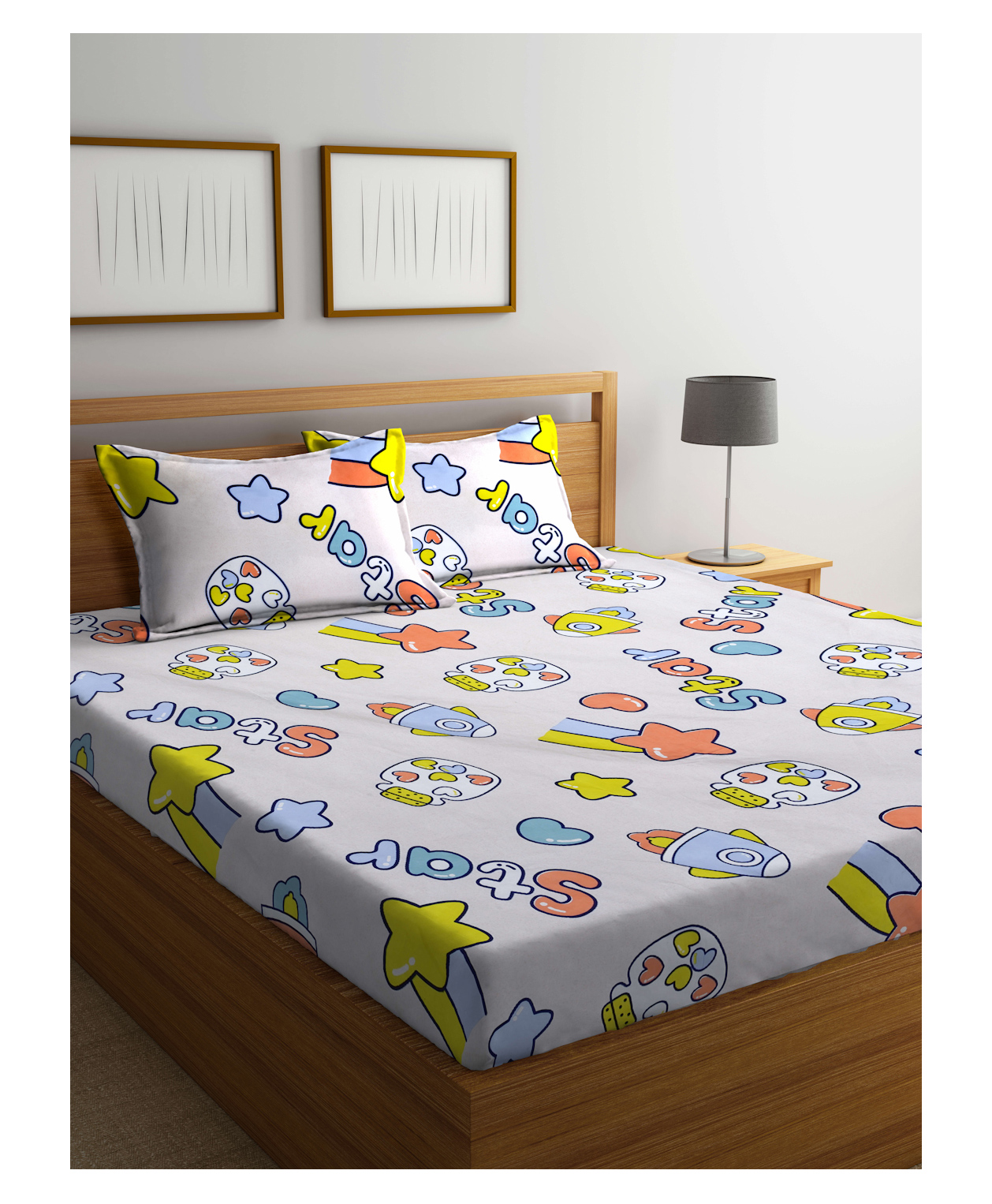 FABINALIV Kids Double Bedsheet with 2 Pillow Covers 210 TC Polycotton Cartoon  White-image-40