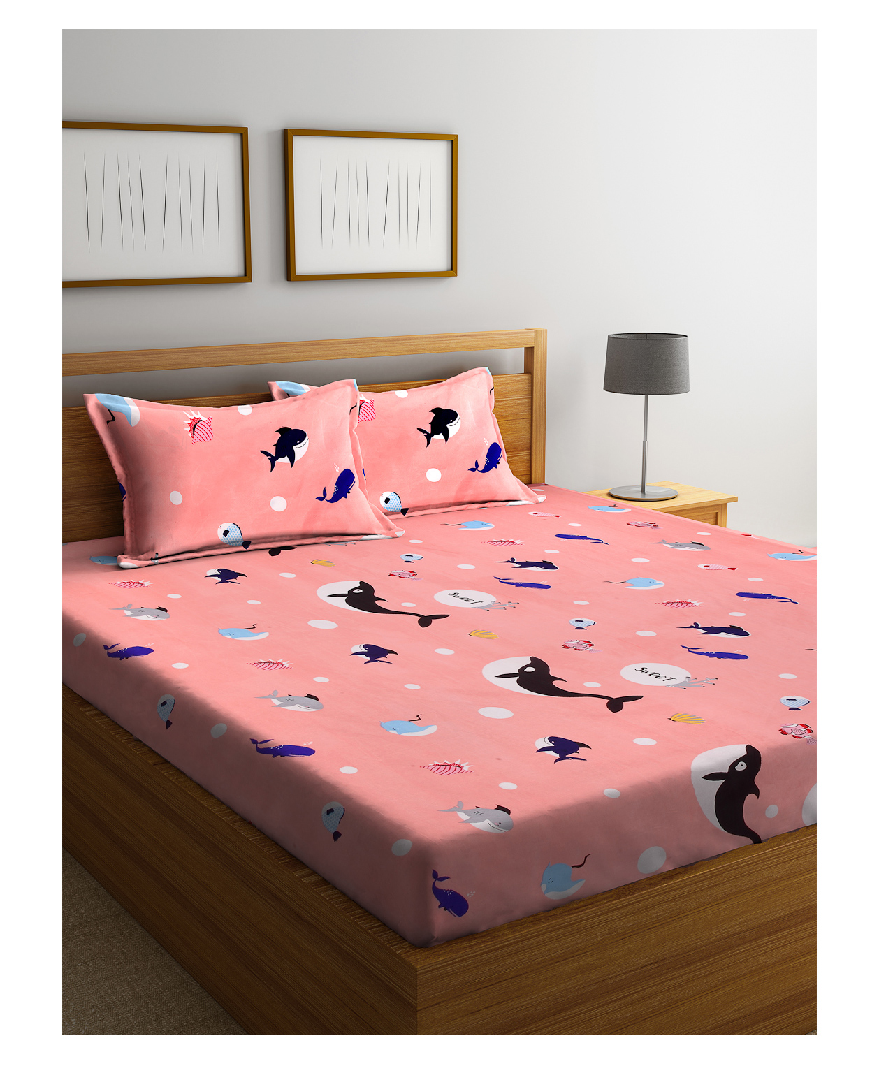 FABINALIV Kids Double Bedsheet with 2 Pillow Covers 210 TC Polycotton Cartoon  Peach-image-0