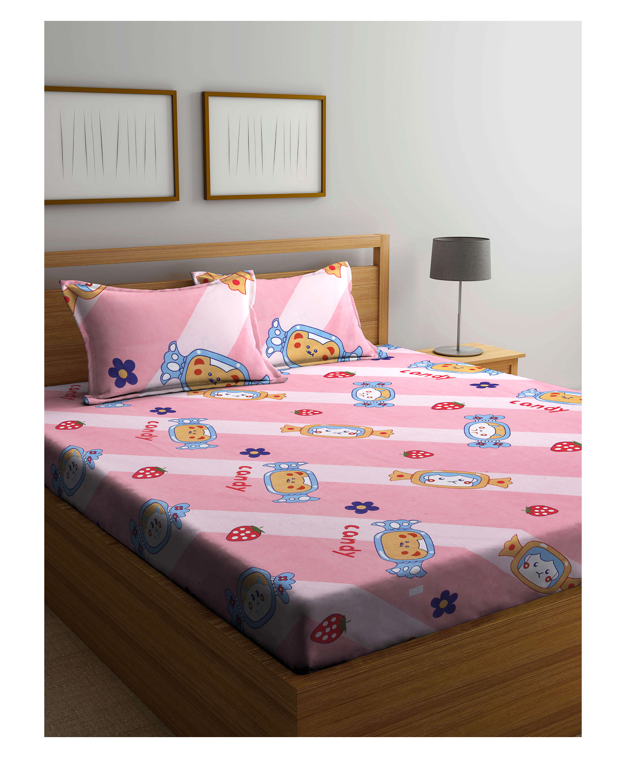 FABINALIV Kids Double Bedsheet with 2 Pillow Covers 210 TC Polycotton Cartoon  Pink-image-41