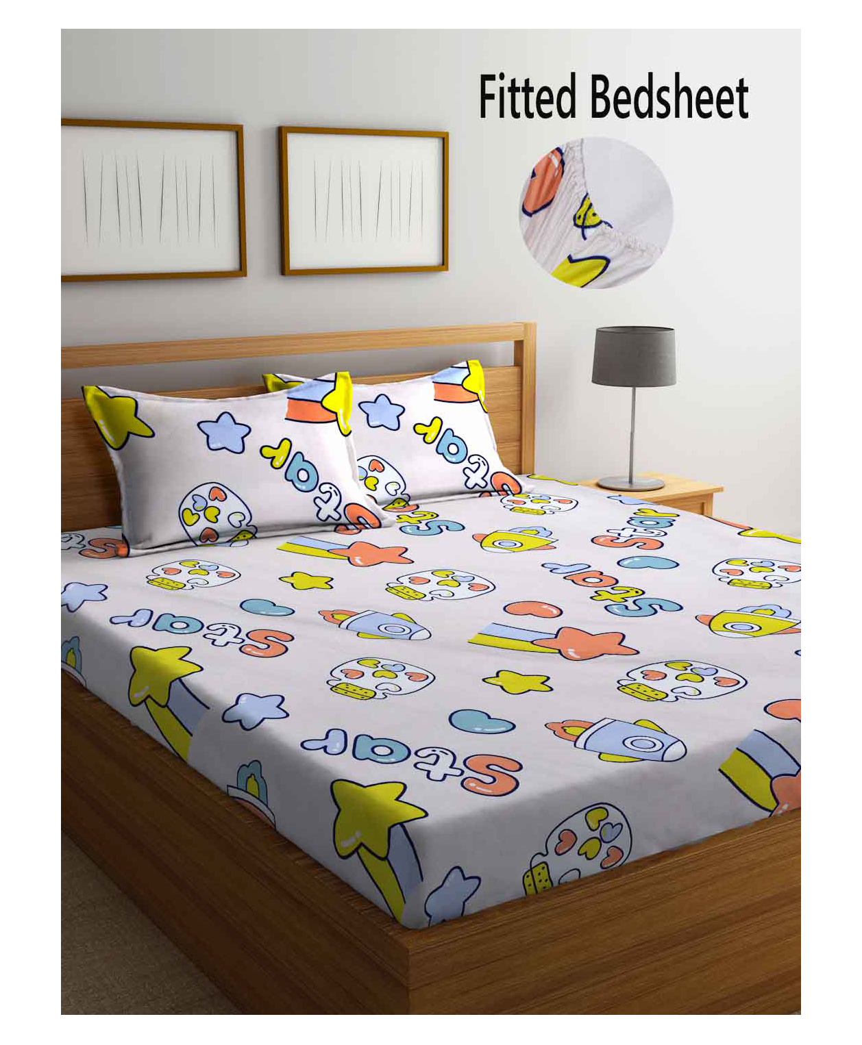 FABINALIV Kids Elastic Double Bedsheet with 2 Pillow Covers 210 TC Polycotton Cartoon  White-picture-20