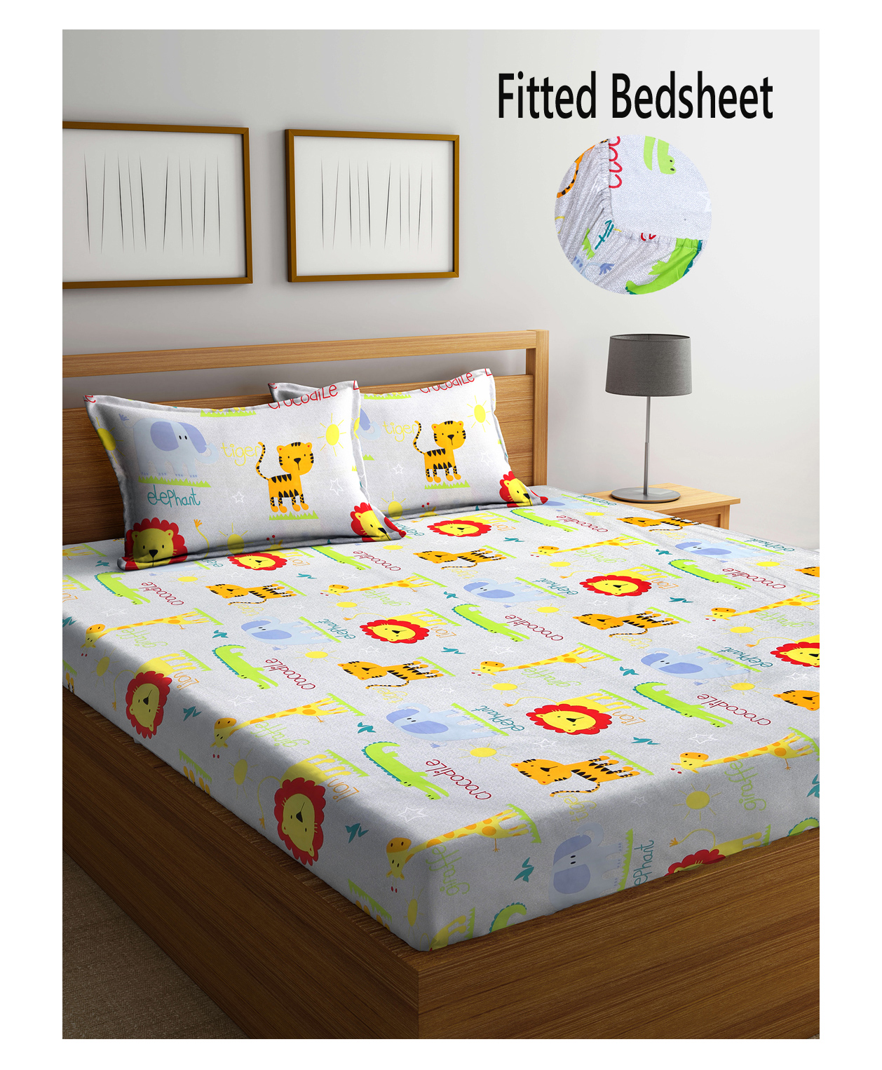 FABINALIV Kids Elastic Double Bedsheet with 2 Pillow Covers 210 TC Polycotton Cartoon  Grey-picture-23