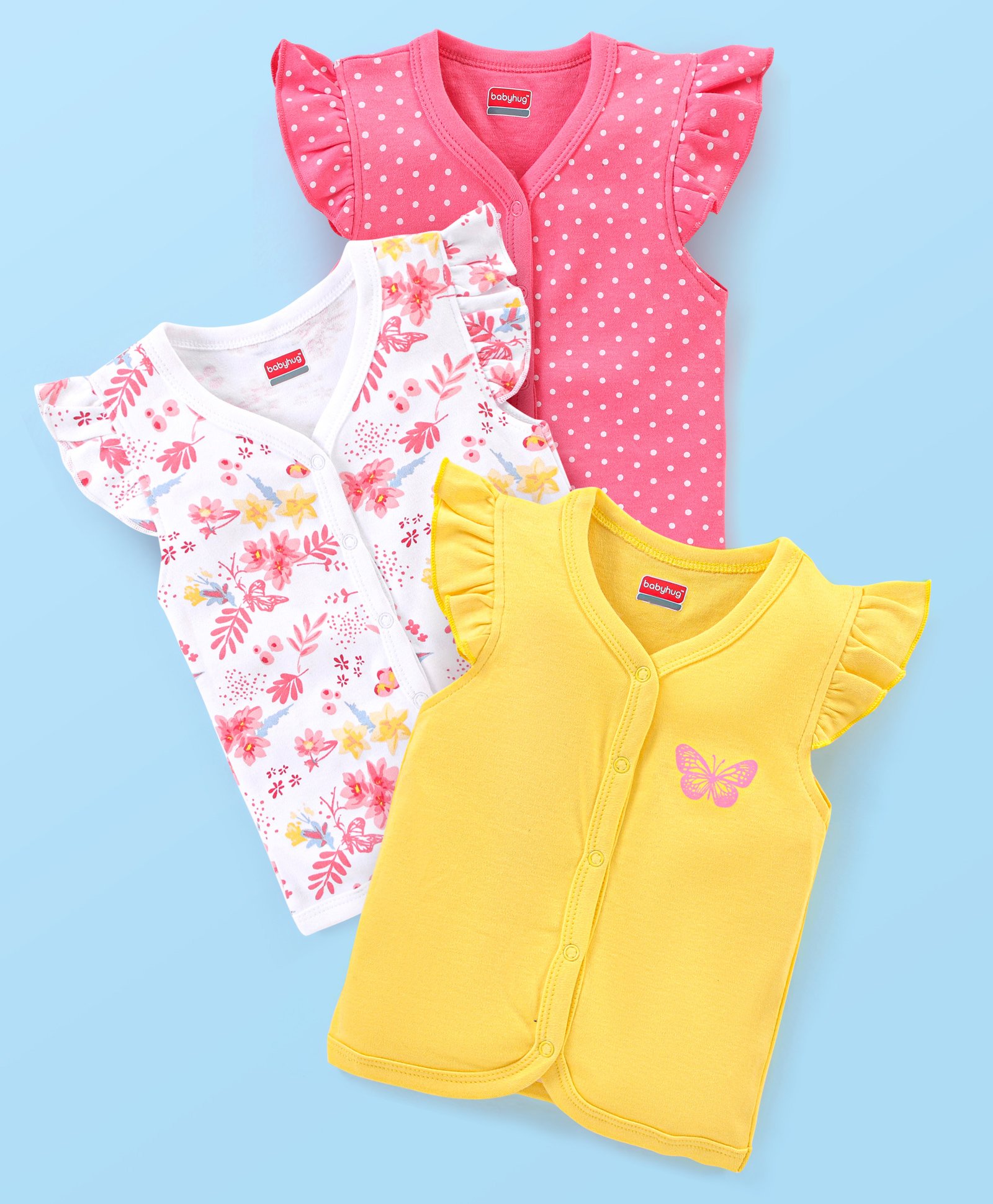 Babyhug 100% Cotton Knit Short Sleeves Set of Vests Butterfly Print Pack of 3 - Pink White & Yellow-image-24