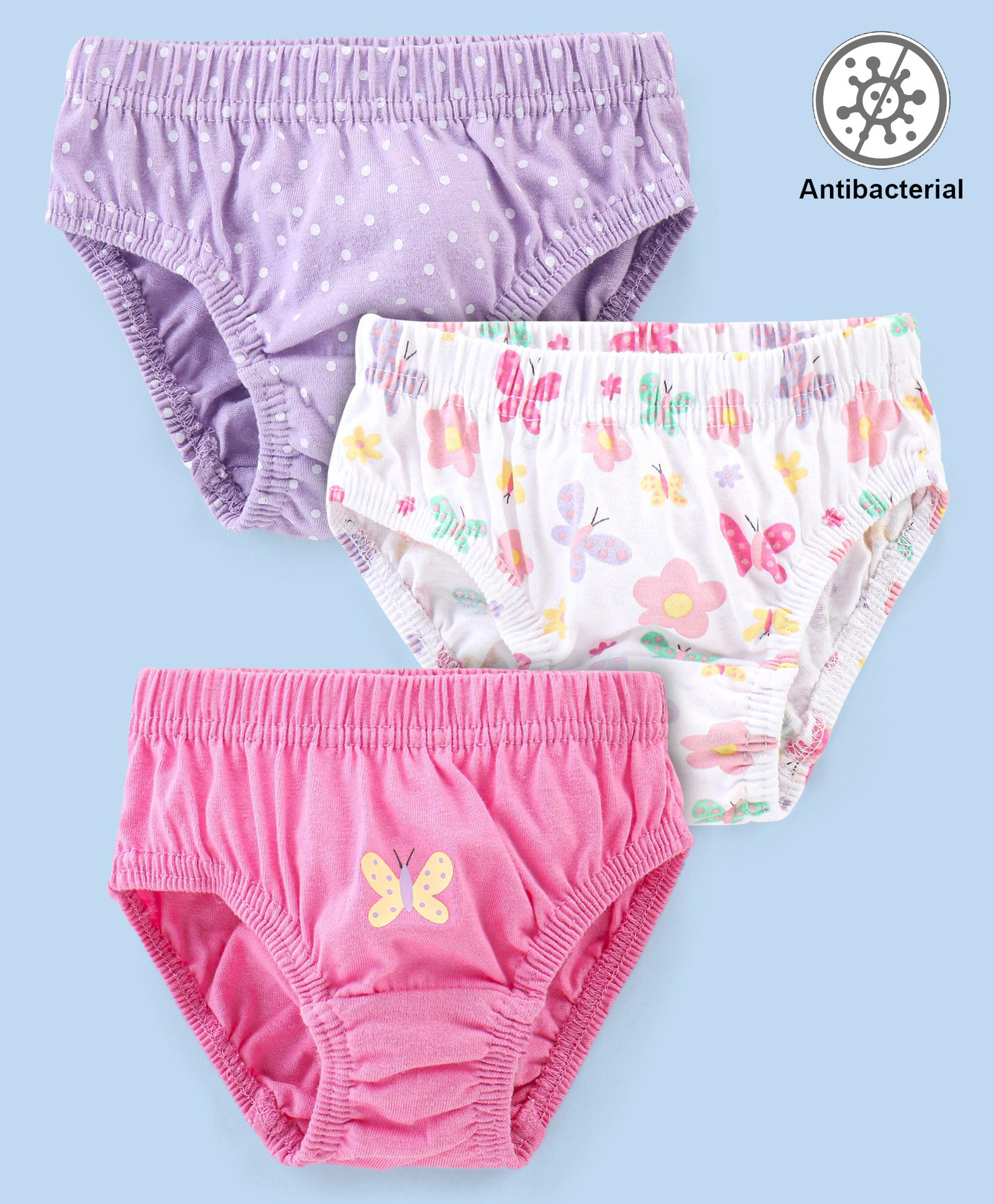 Babyhug 100% Cotton Antibacterial Panties Polka Dots & Butterflies Print Pack Of 3 - Purple White & Pink-image-2