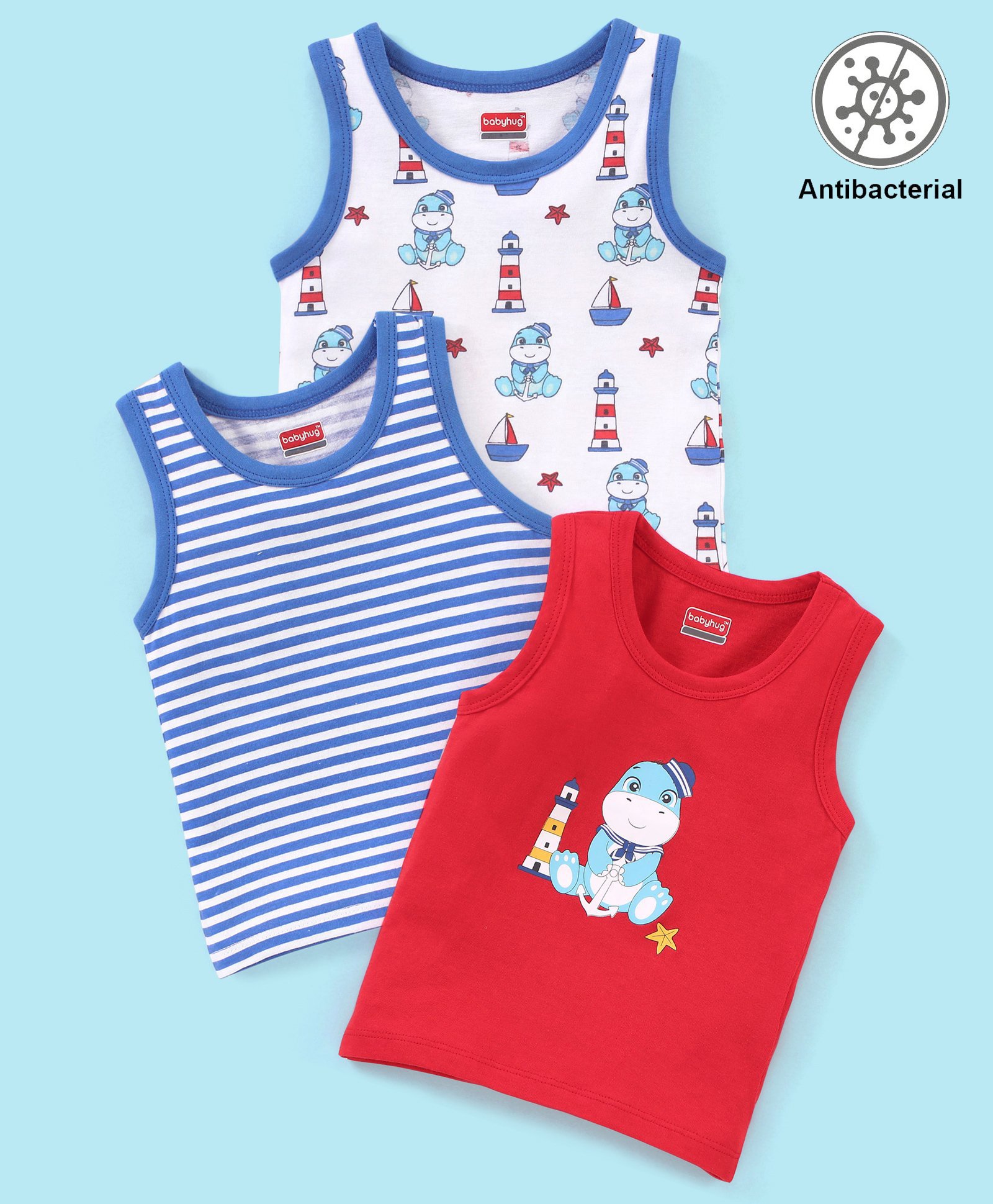 Babyhug 100% Cotton Knit Sleeveless Antibacterial Striped Sando Dino Print Pack of 3 - Red Blue & White-image-33