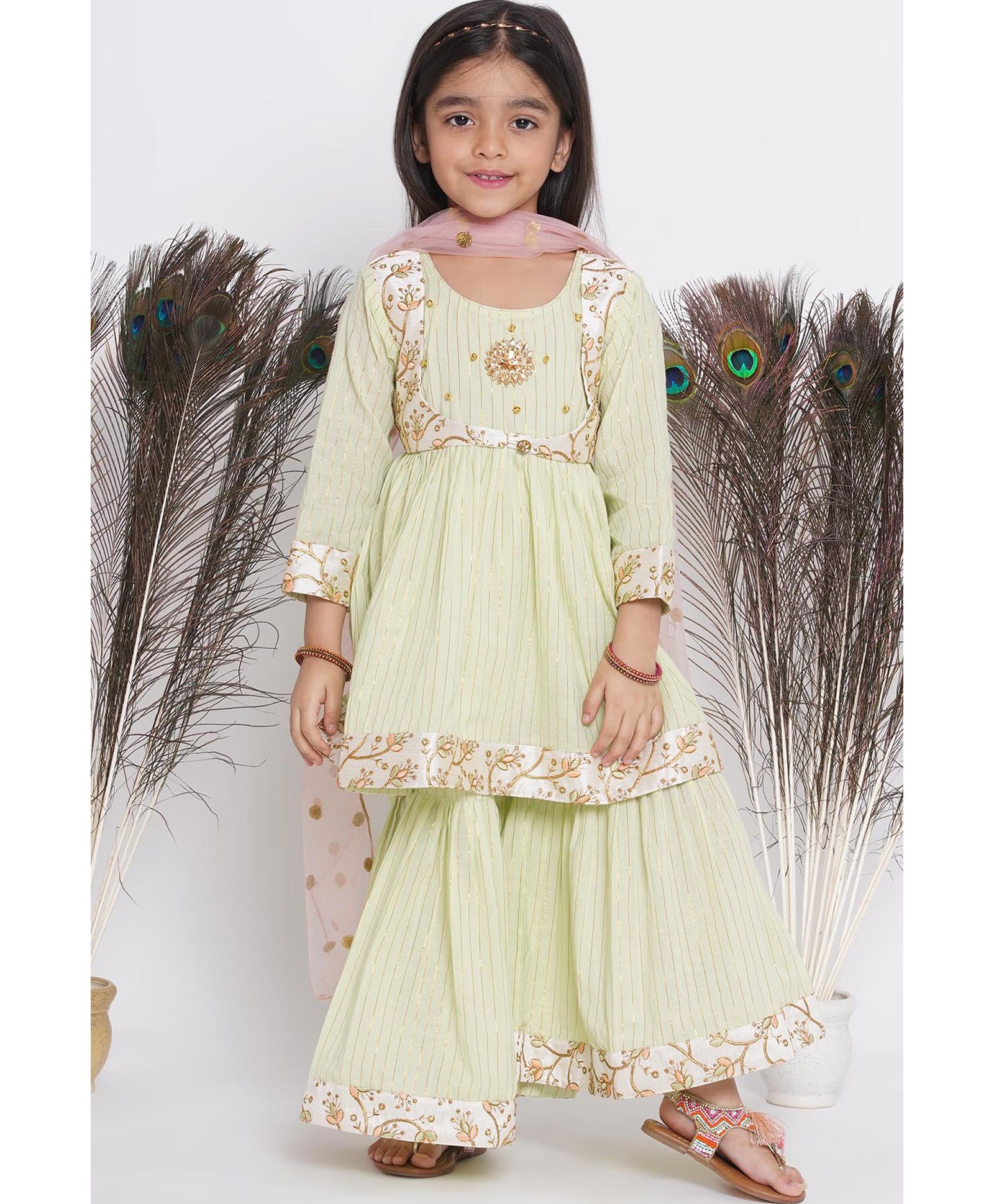 Little Bansi Three Fourth Sleeves Embroidered Kurta Sharara With Dupatta - Green-image-35