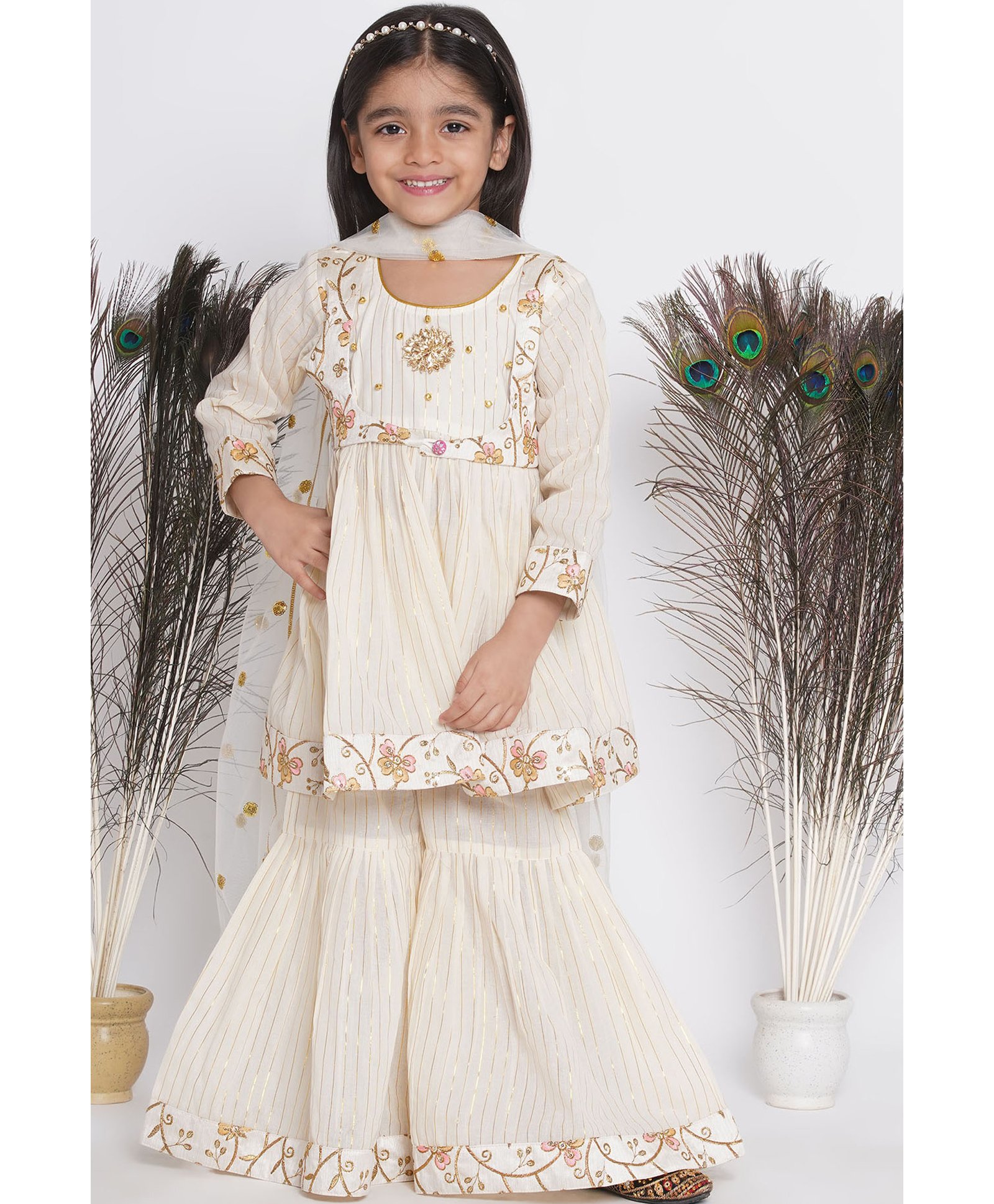 Little Bansi Three Fourth Sleeves Lurex Striped & Floral Embroidered Ghungroo Embellished Kurta With Coordinating Sharara & Dupatta - Cream-picture-7
