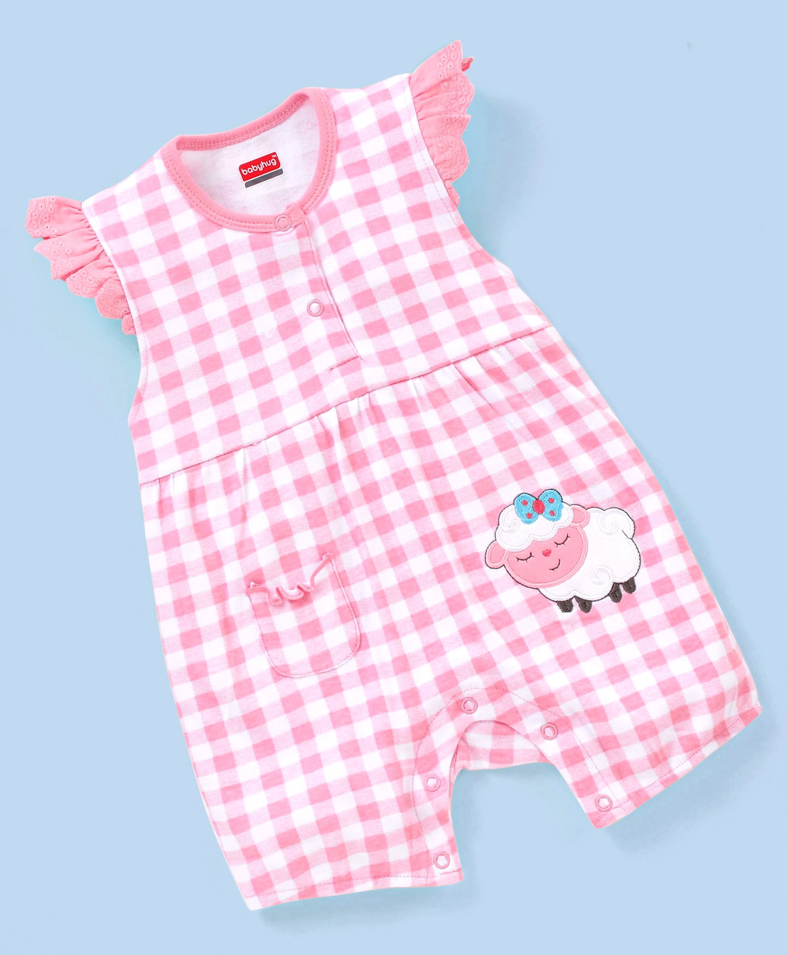 Babyhug 100% Cotton Knit Frill Sleeves Checkered Romper - Pink-image-6