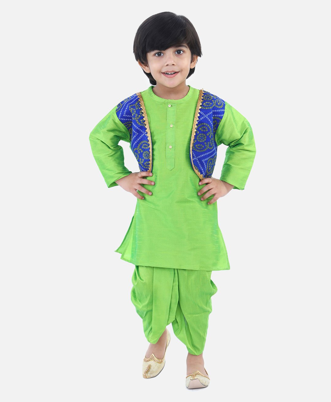 BownBee Full Sleeves Bandhani Printed Attached Jacket Kurta & Dhoti - Green-picture-27