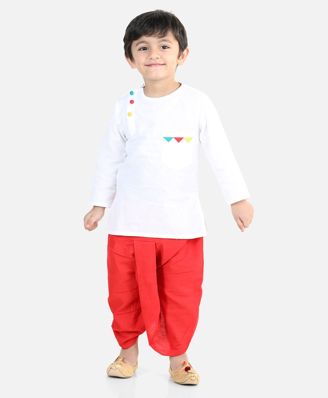 BownBee 100% Cotton Full Sleeves Patch Work Kurta & Dhoti Set - White Red-picture-22