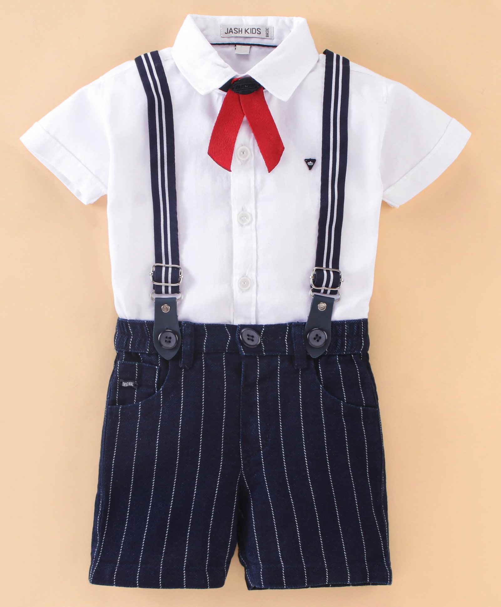 Jash Kids Half Sleeves Shirt & Shorts Set With Suspenders & Bow Striped- Navy Blue-image-45