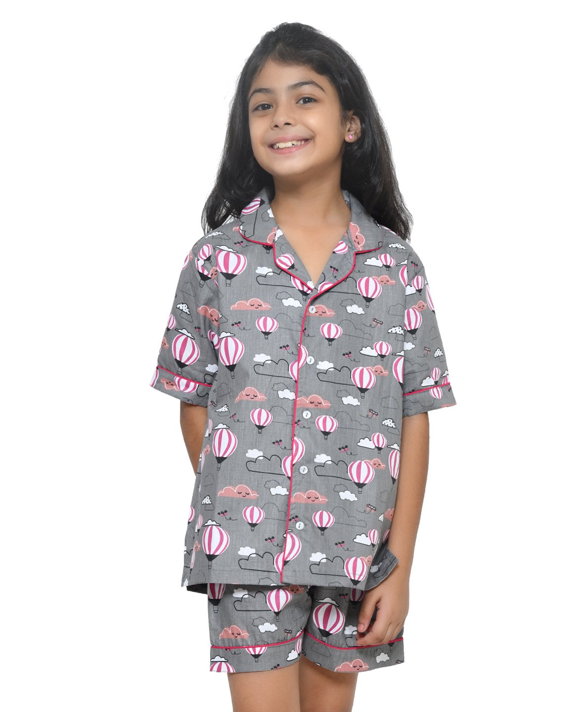 Funkrafts Half Sleeves Seamless Hot Air Balloon & Cloud Printed Coordinating Night Suit - Grey-image-49