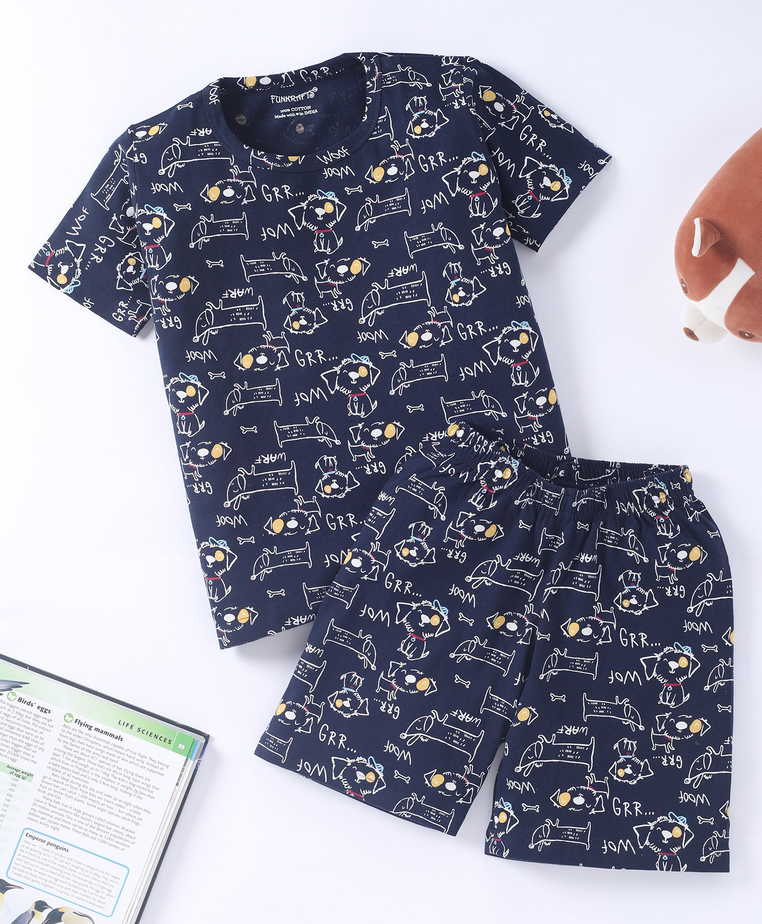 Funkrafts Half Sleeves Seamless Warf Woof Puppy Printed Tee With Coordinating Shorts - Black-picture-13
